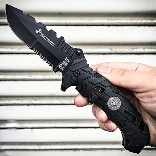 USMC Marine Officially Licensed Black Spring Assisted Rescue Pocket Knife - Tactical EDC Knife for Outdoor Survival, Camping, Hiking & Emergency Preparedness