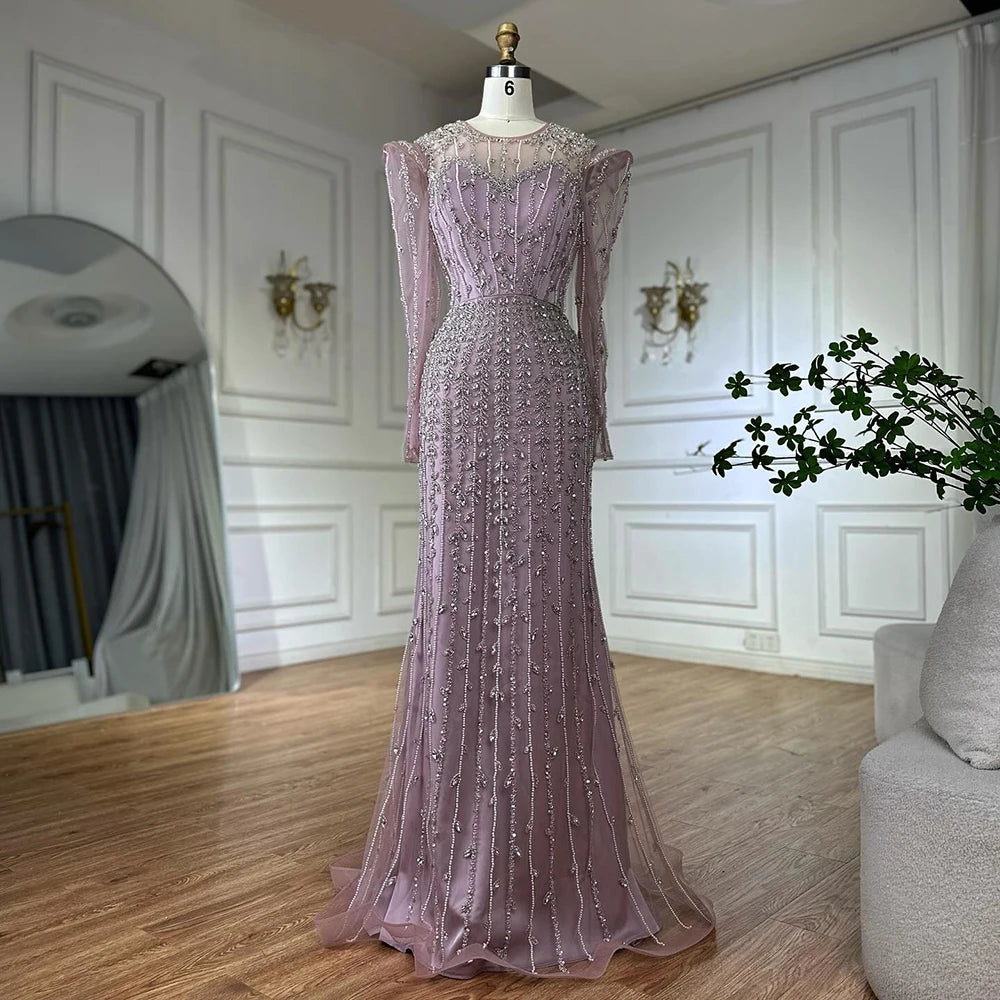 Elegant Dubai Pink Mermaid Evening Gown with Pearl Beading - Arabic Formal Dress for Women - Perfect for Weddings, Galas & Special Occasions - LA72826