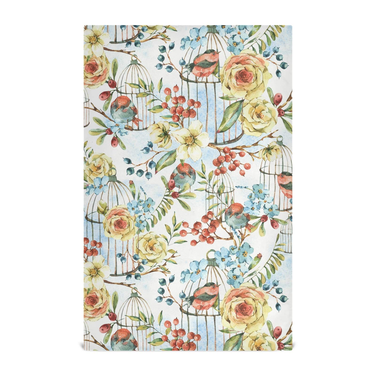 Floral Yellow & Blue Bird Cage Print Set of 4 Polyester Kitchen Dish Towels - Waffle Weave Dishcloths, Hemmed Napkins & Hand/Tea Towels with Hanging Loops for Kitchen Decor, Dish Drying & Hostess Gifts