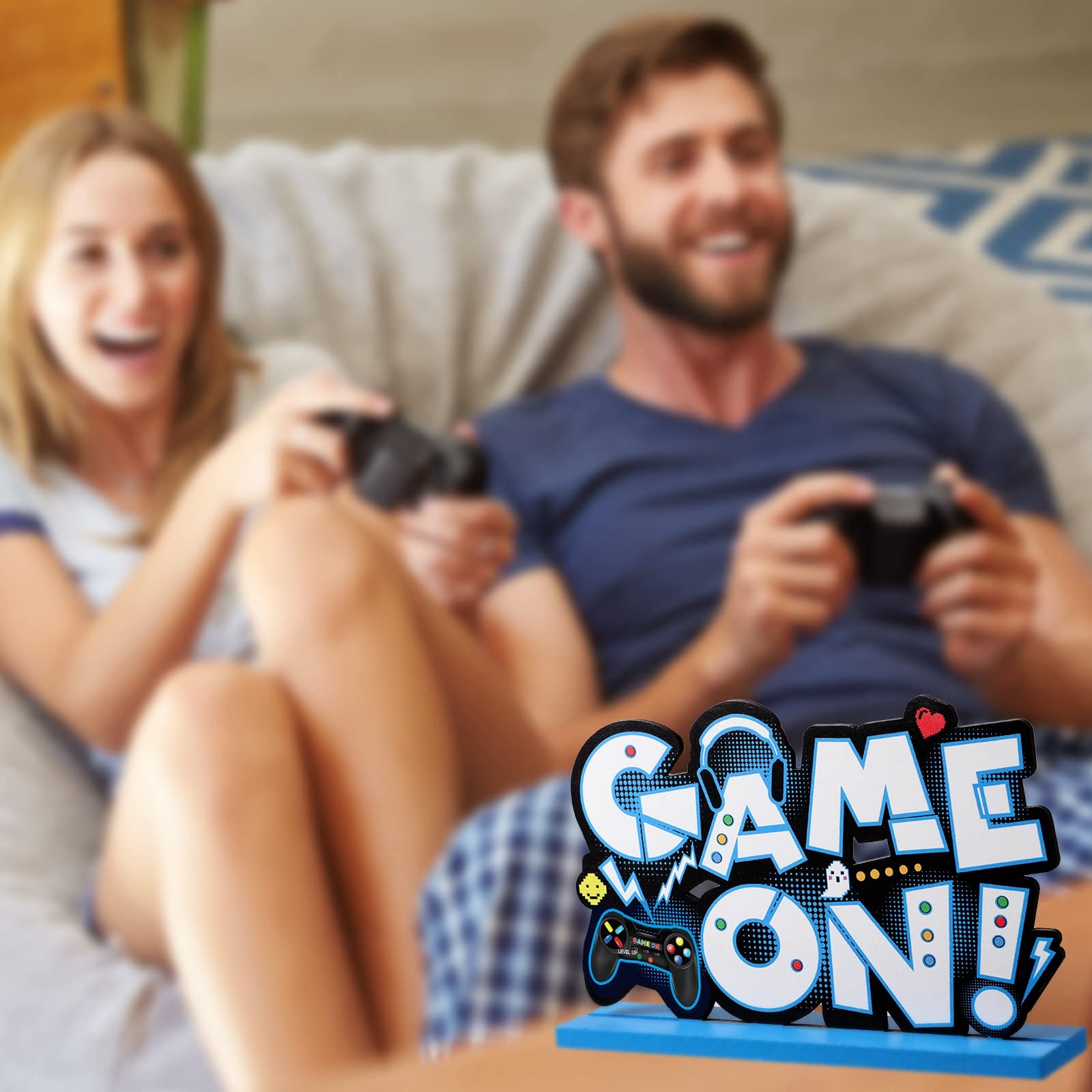 Frienda 3-Piece Wooden Video Game Party Decor Set - Level Up Birthday Centerpieces with Pixelated Table Signs for Gamer Parties, Boys & Kids (Blue) | Perfect for Birthday Celebrations, Gaming Themed Events & Nerf Parties