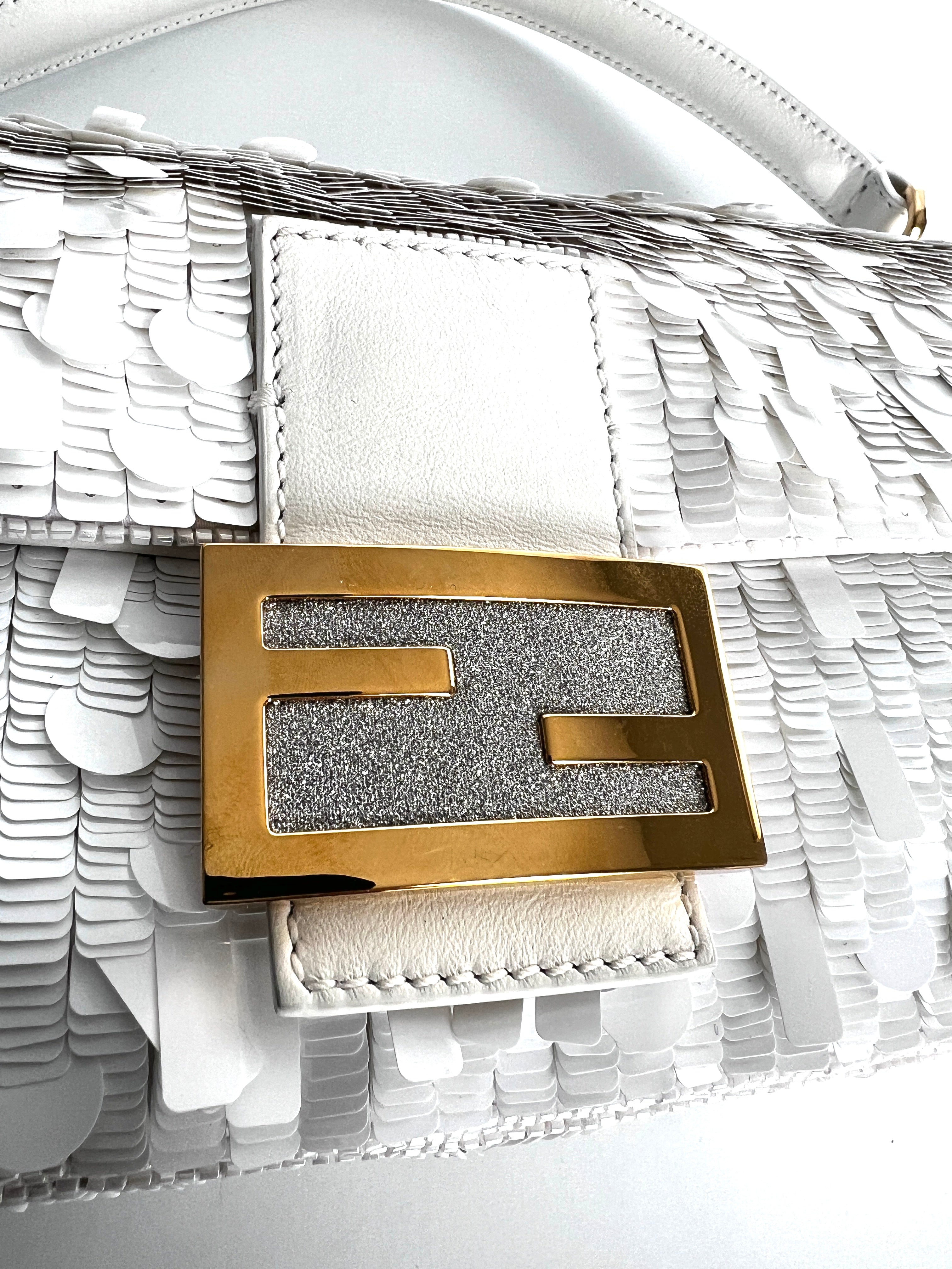 Fendi White Sequin Baguette Bag - Luxury Designer Handbag for Women | Perfect for Parties, Weddings & Evening Events