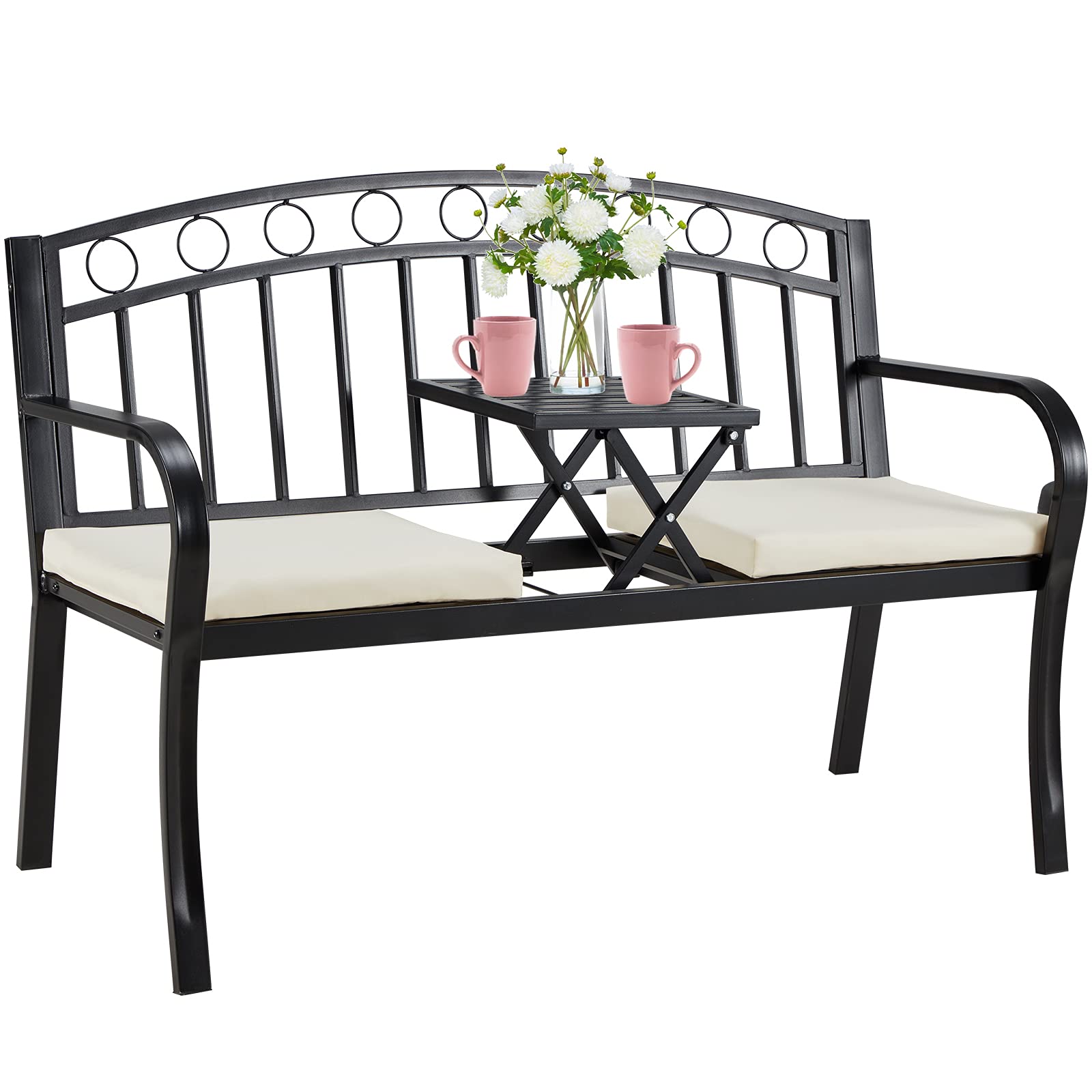 AVAWING Outdoor Metal Garden Bench with Pullout Middle Table & Cushion - Steel Double Seat for Patio, Porch, Park, Yard, Lawn, Deck, Entryway - Perfect for Relaxing, Entertaining, and Outdoor Dining