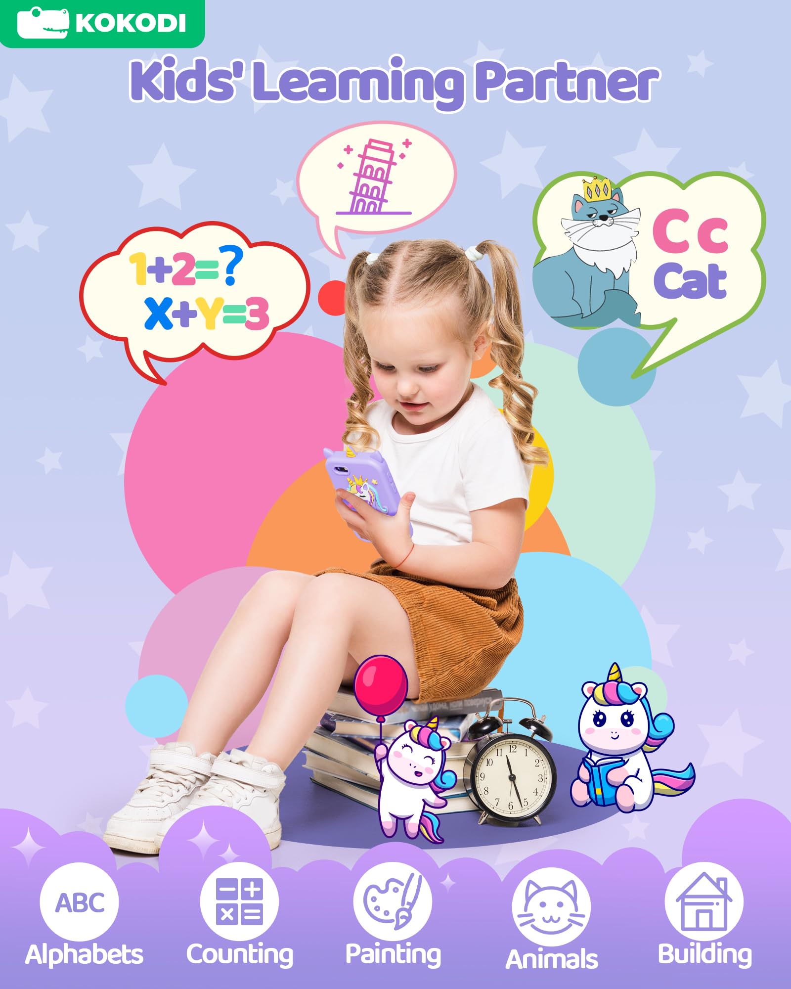 KOKODI Unicorn Smart Phone Toy for Girls Ages 3-10 - Touchscreen Kids Phone with HD Dual Camera, Learning & Travel Toy - Perfect Birthday Gift for Toddlers & Preschoolers (Purple) | Pretend Play, Early Education & Road Trip Entertainment