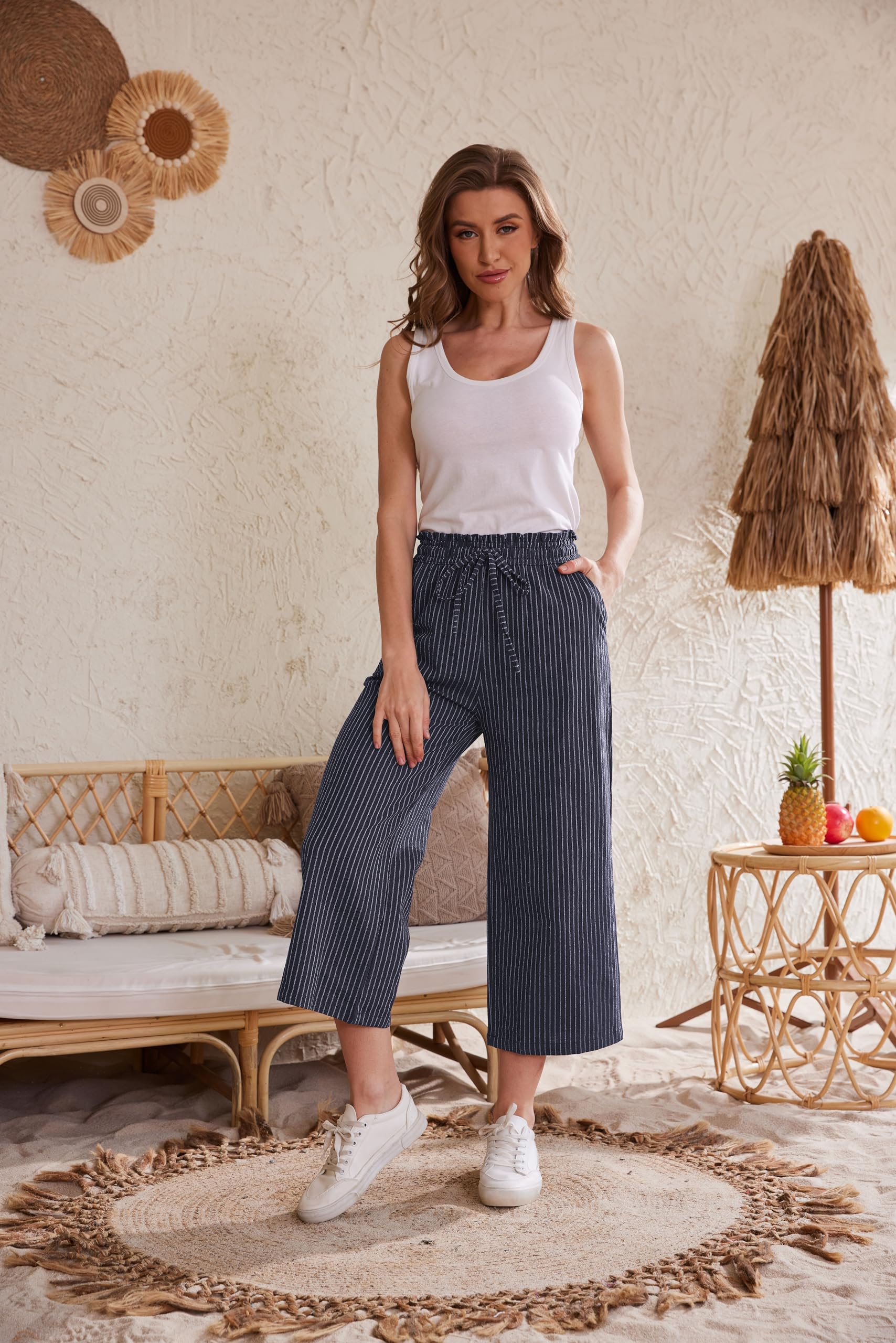 Women's Linen Pants Wide Leg High Waisted Drawstring Casual Loose Trousers with Pockets - Summer Boho Beachwear & Lounge Comfort Outfit