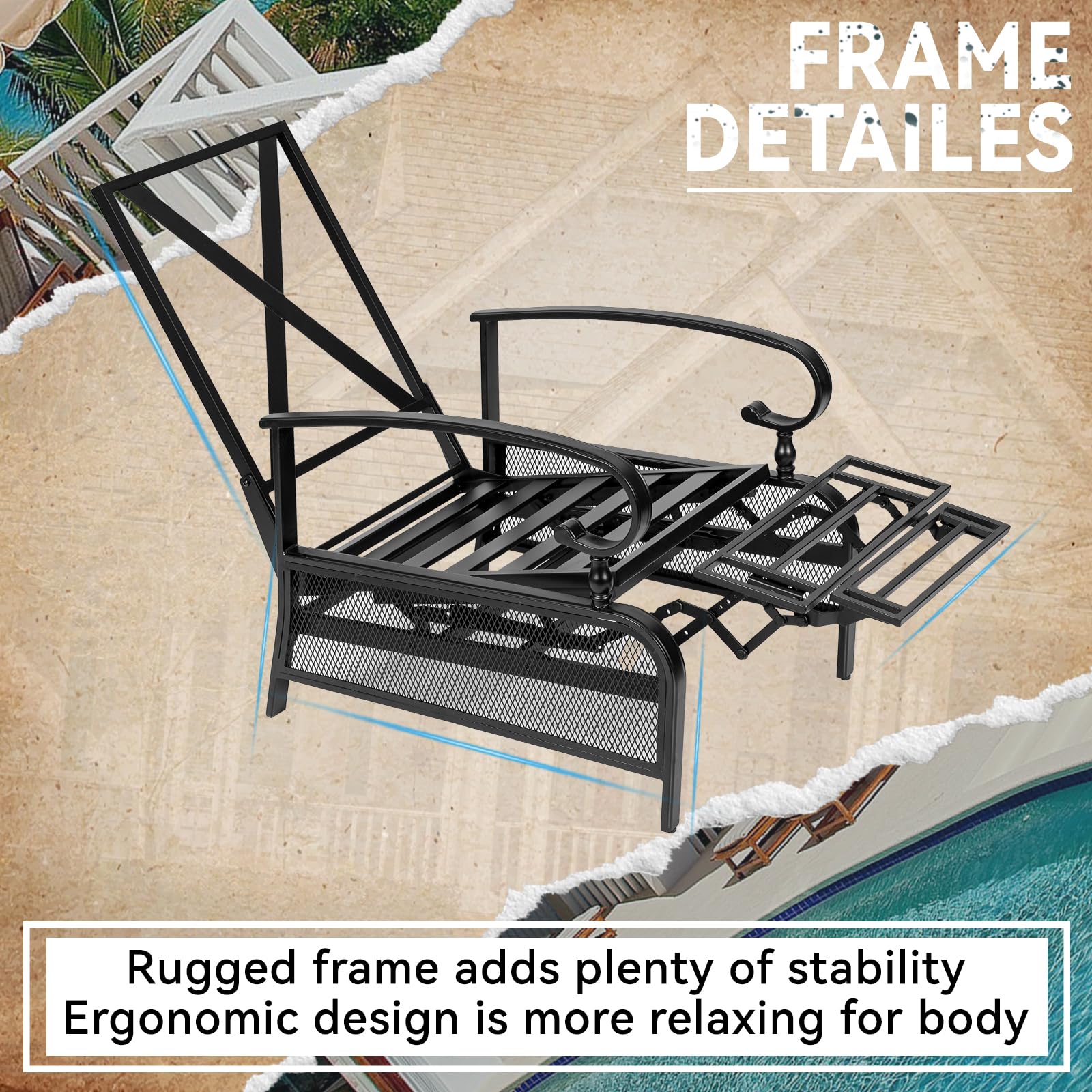 Adjustable Patio Lounge Chair - Outdoor Reclining Chaise with Removable Cushions & Durable Metal Frame - Perfect for Poolside, Backyard, or Beach Relaxation - Blue
