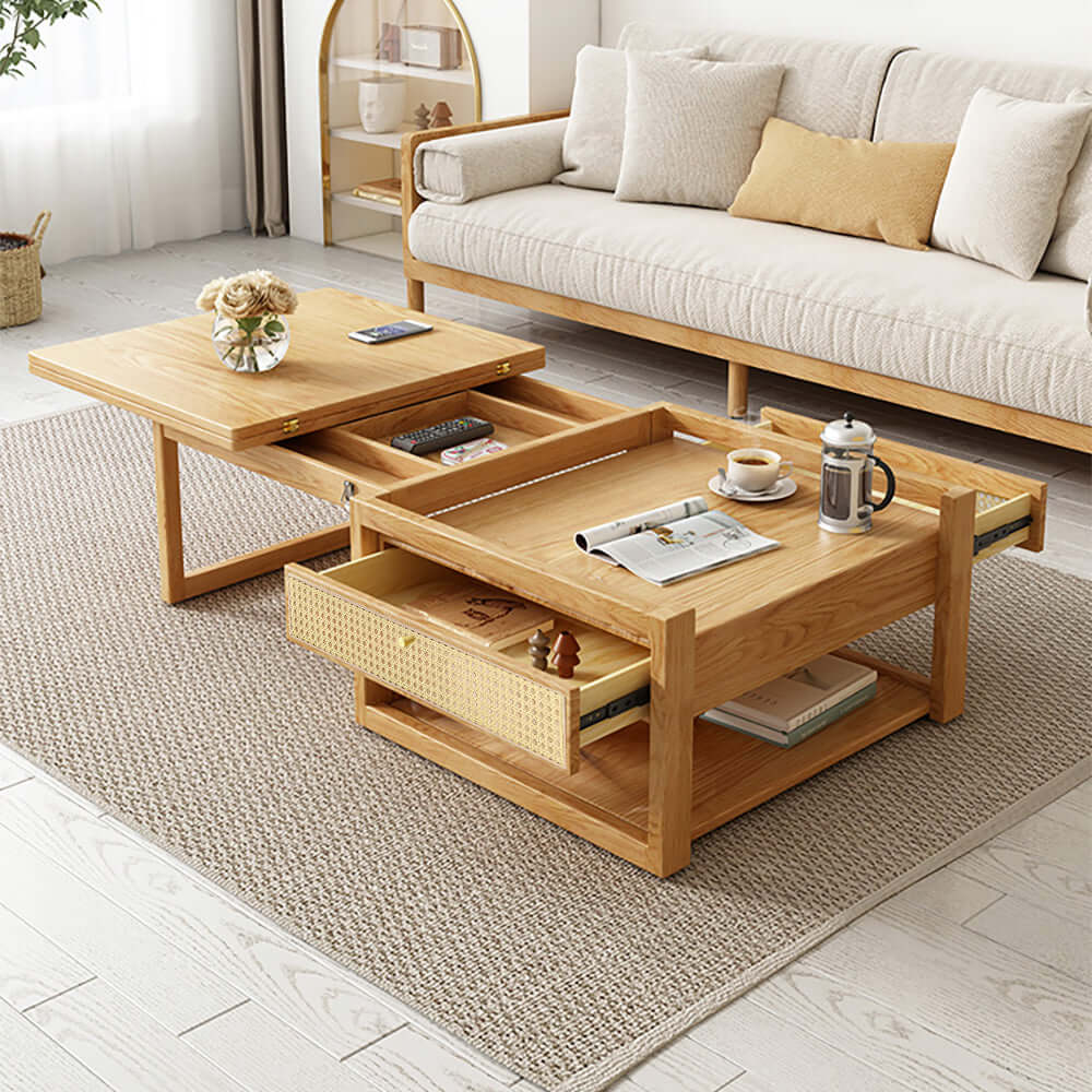 Modern Japandi Style Wooden Folding Coffee Table Set with Rattan Nesting Accent - Space-Saving Dining Table for Small Living Rooms, Apartments & Outdoor Patios