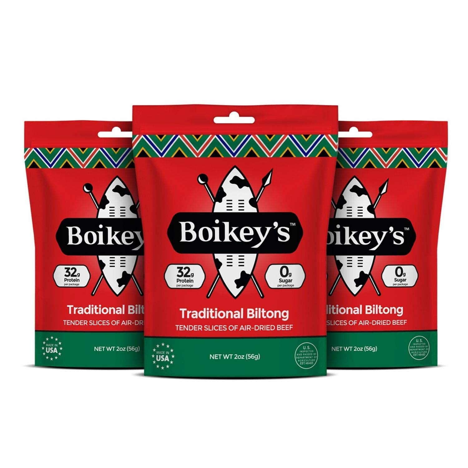 Boikeys Biltong | South African Style Beef Jerky - Gluten Free, No Sugar, Keto Friendly Snacks (Traditional, 3 Pack - 2 Ounce Pouches) | High Protein Low Carb Snack for Hiking, Camping & Road Trips