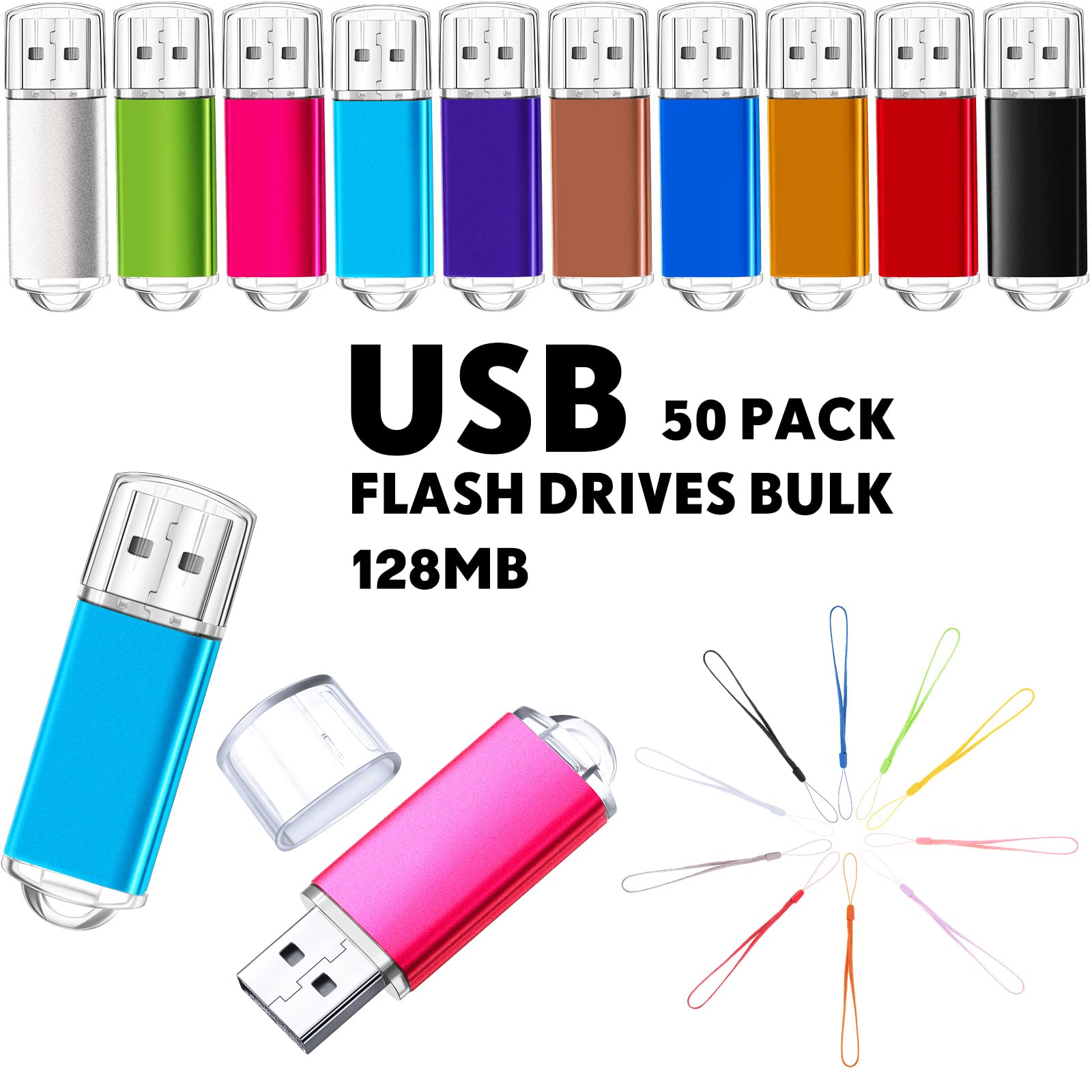 Hoteam 50 Pack 128MB USB 2.0 Flash Drives with Lanyards - Bulk Storage for Office & School
