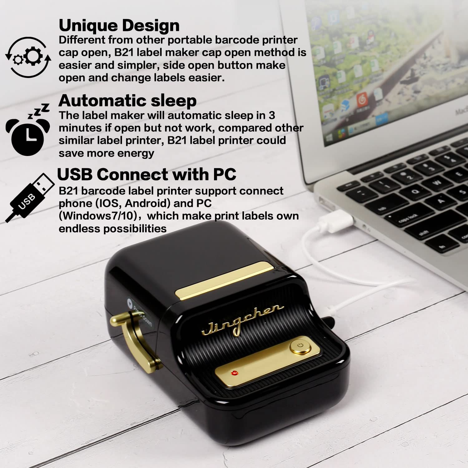 Portable Bluetooth Thermal Barcode Label Printer - Mini Label Maker for Office, Retail, Cable & Barcode Labeling | Compatible with Android & iOS | Includes 50×30mm Labels (Black) | Perfect for Shipping, Inventory & Small Business Organization