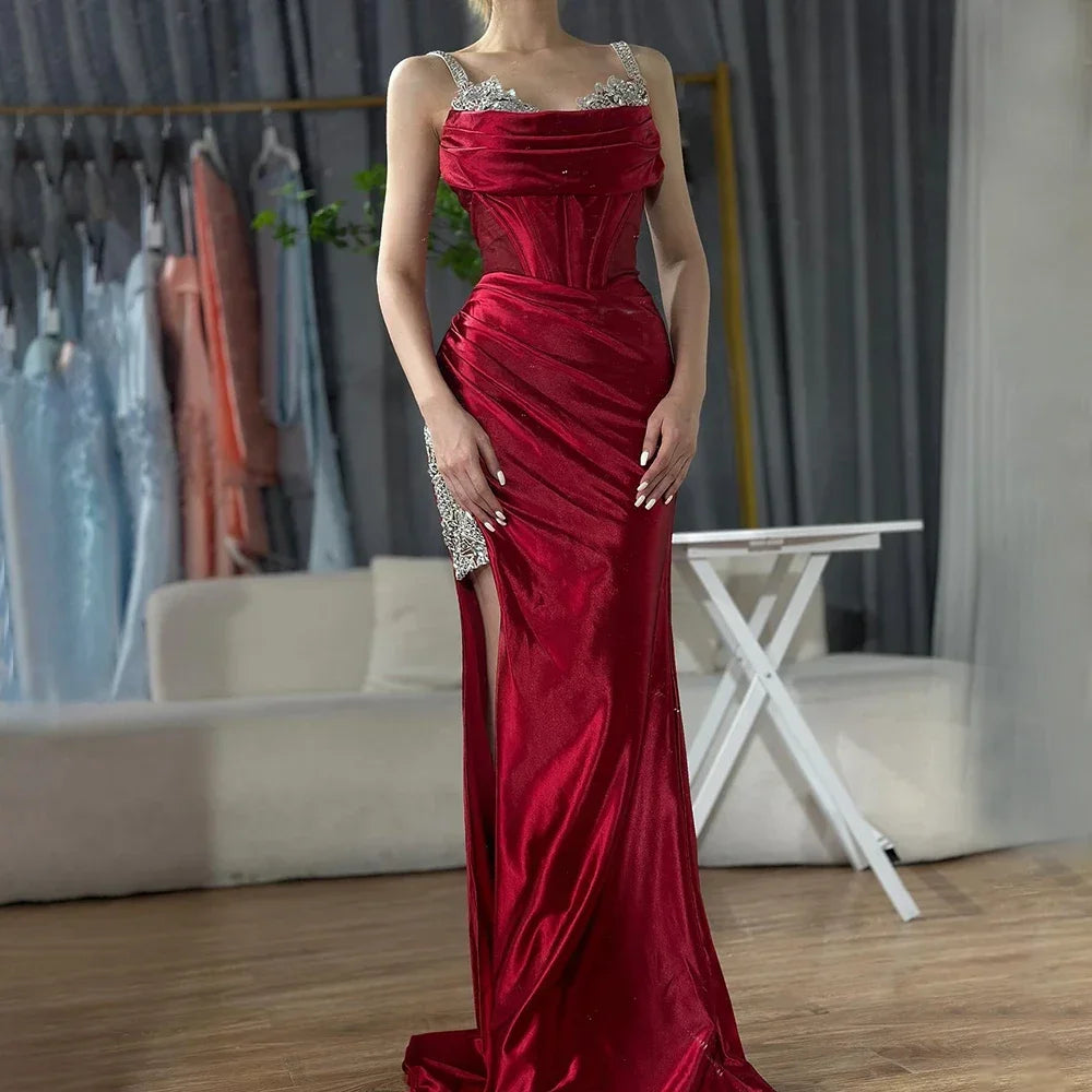 Elegant Dubai Saudi Arabic Wine Red Satin Evening Dress with Spaghetti Straps & High Slit - Formal Gown for Prom, Wedding & Special Occasions - LA72776