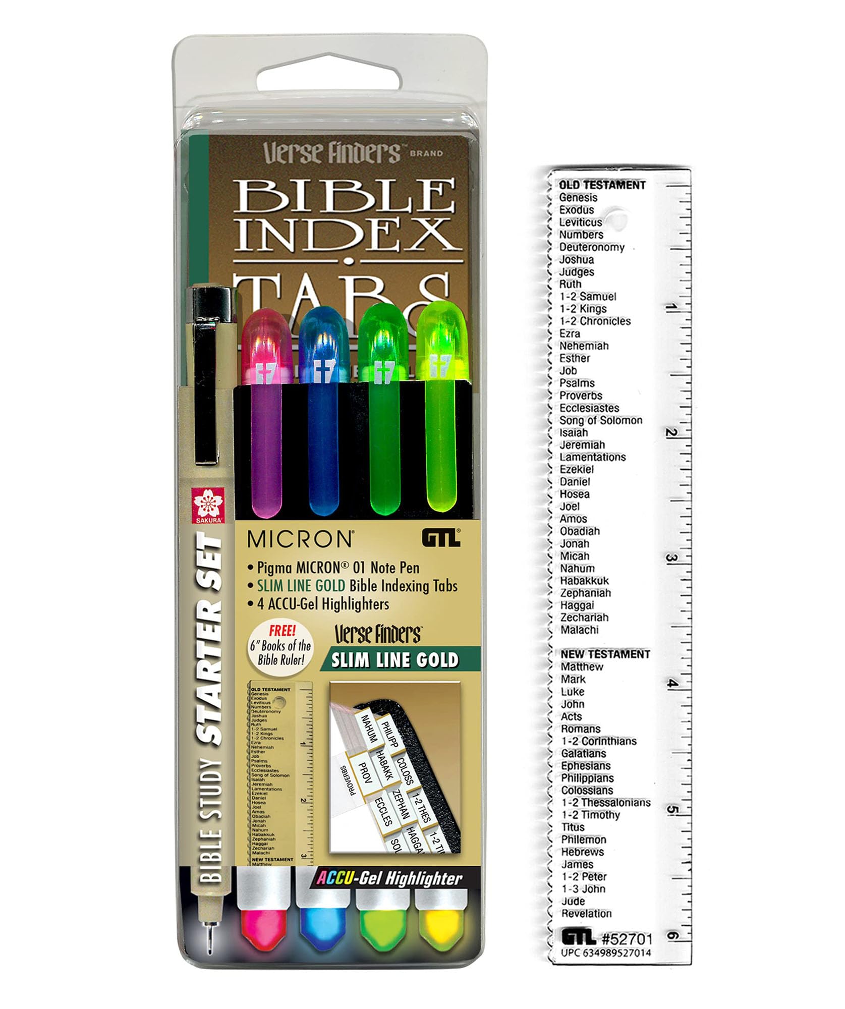 Accu-Gel Bible Highlighter & Pigma Micron Bible Study Starter Set - No Bleed Pigmented Ink, Fine Point Black Pen & Gel Highlighter for Scripture Marking | Includes Slim Gold Verse Finder Bible Tabs | Perfect for Bible Journaling, Scripture Study & Church Note Taking