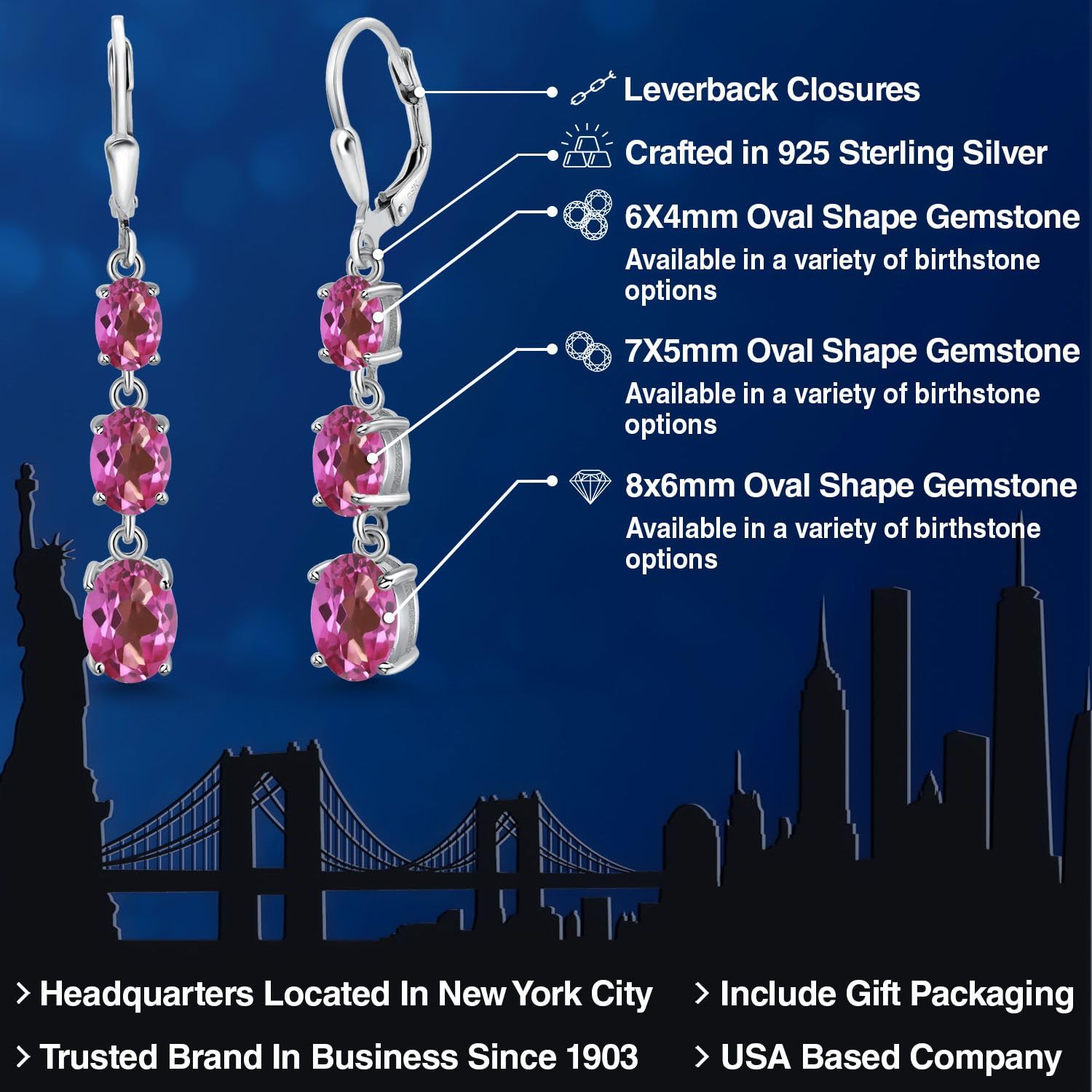 Gem Stone King 3-Stone Leverback Drop Dangle Earrings for Women - 925 Sterling Silver Birthstone Jewelry | Oval 8x6mm, 7x5mm & 6x4mm Gemstones | Elegant Gift for Mom, Wife, Her | Perfect for Weddings, Anniversaries & Special Occasions