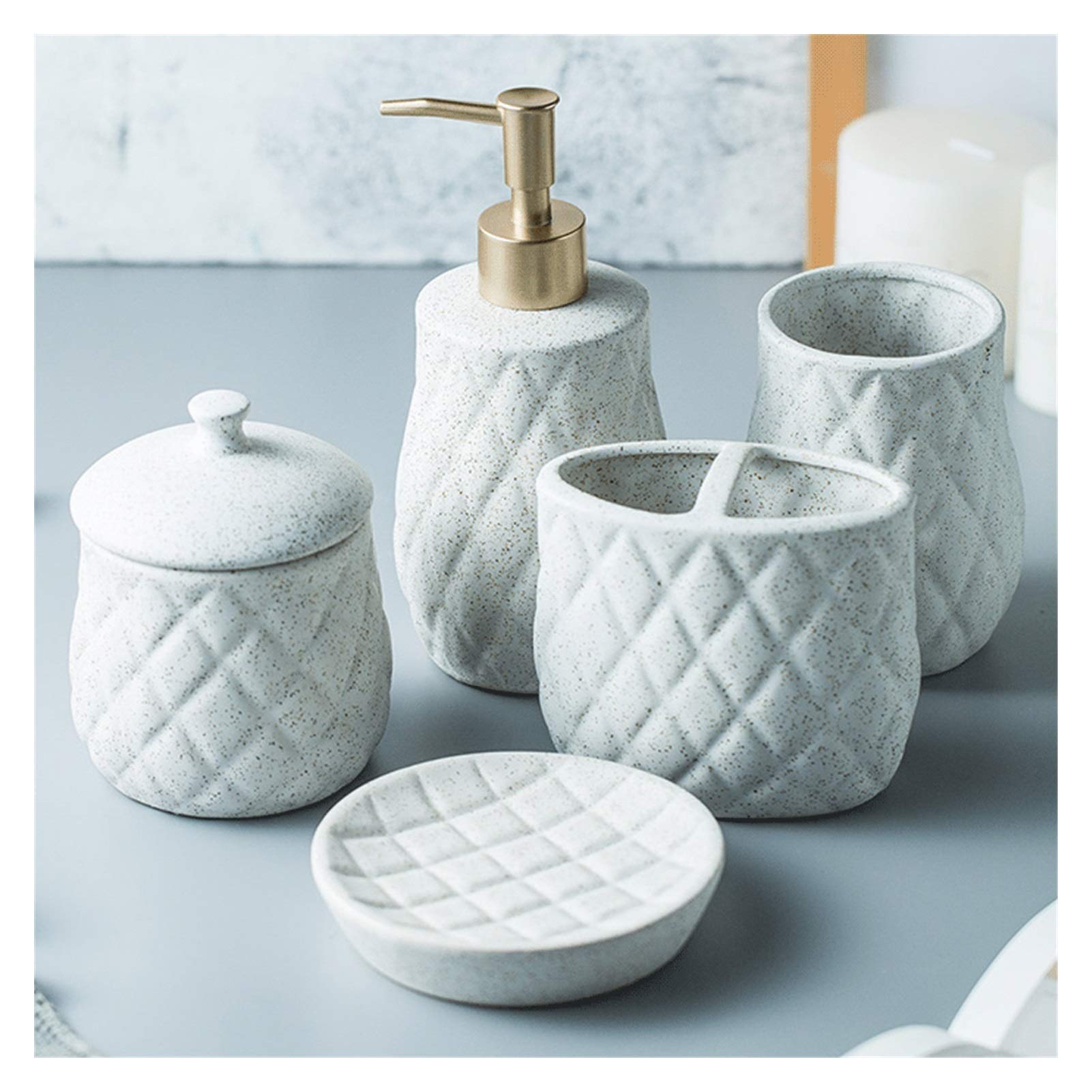 Elegant 5-Piece Bathroom Accessory Set - Diamond Soap Dispenser, Soap Dish, Toothbrush Holder, Tumblers & Cotton Swab Box in White | Modern Vanity Decor for Powder Room, Guest Bath & Master Bath Organization