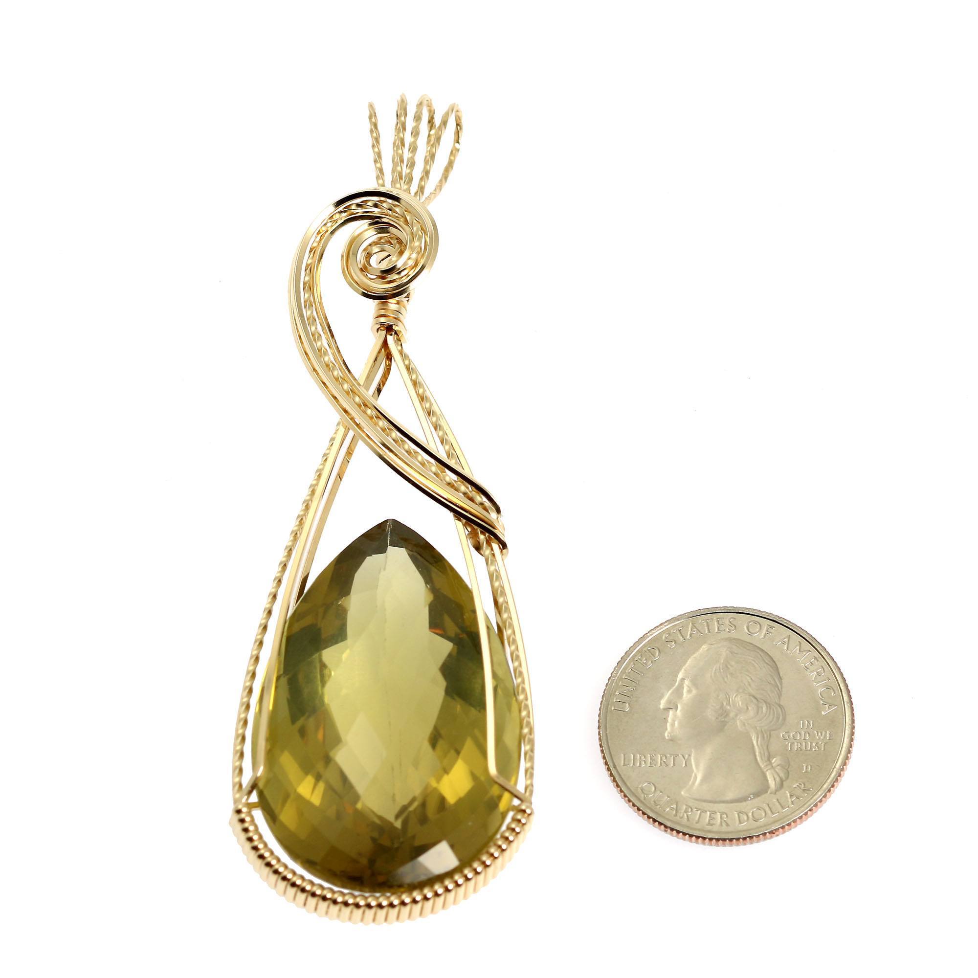 84.5 CT Natural Green Gold Quartz Pendant - 14K Gold Filled Wire Wrapped Jewelry for Women - Perfect for Gift Giving, Meditation & Spiritual Healing