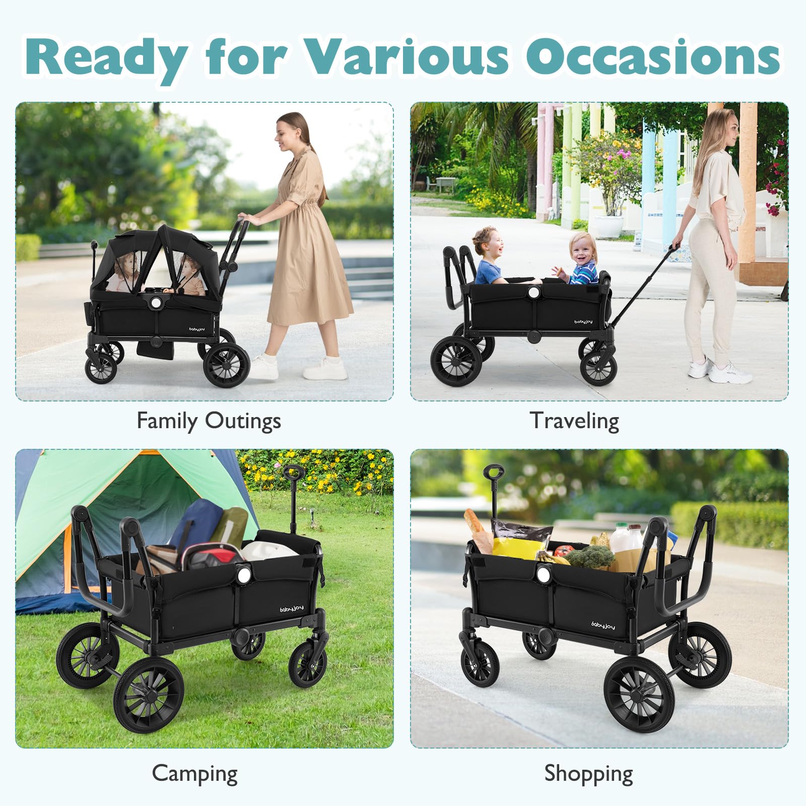 **BABY JOY Double Stroller Wagon for 2 Kids - Foldable Push Pull Wagon with Adjustable Handle, Removable Canopy, Safety Harness, Cup Holder & Snack Tray - Perfect for Outings, Beach, Park & Shopping (Black)**