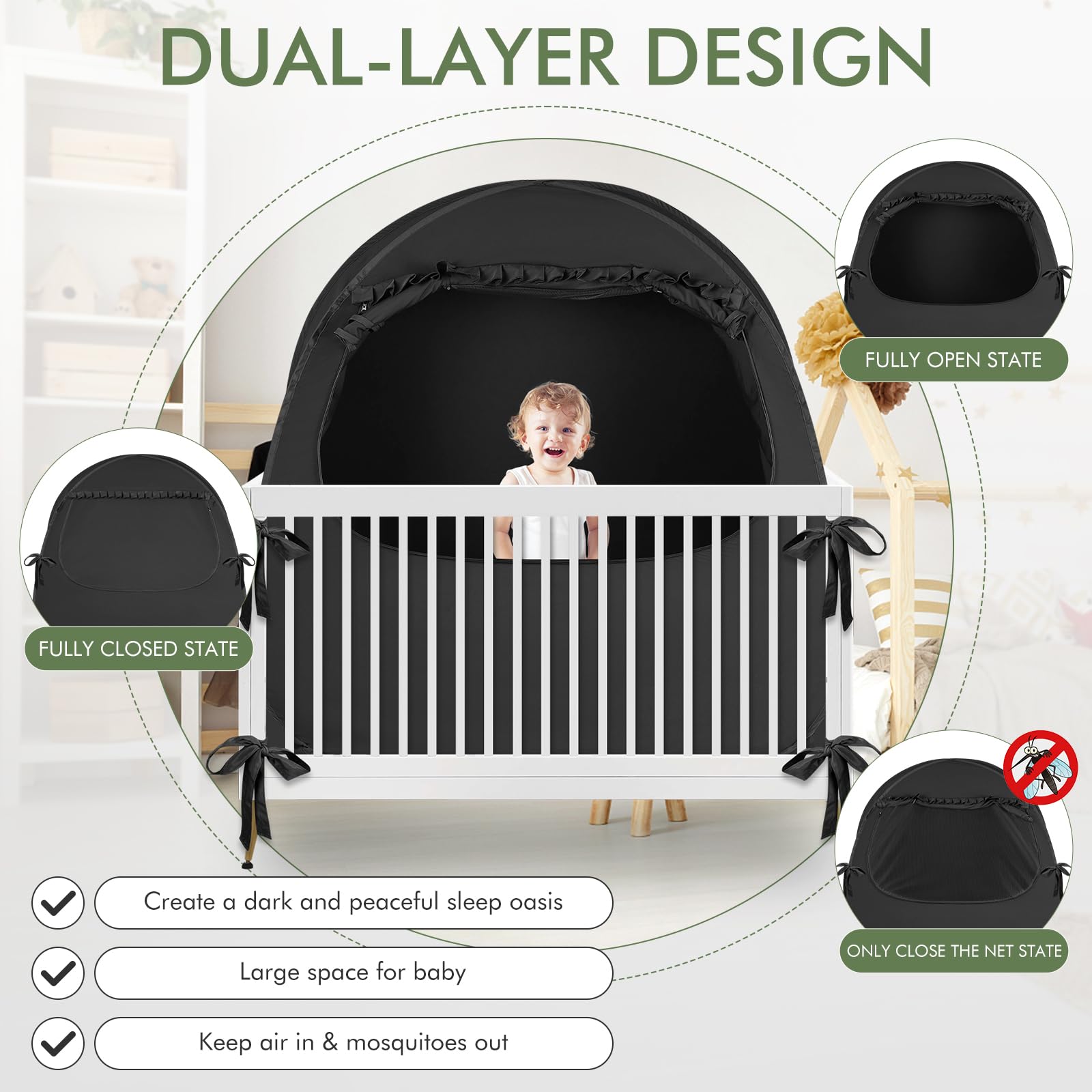 Blackout Crib Tent for Pack N Play - Portable Travel Crib Cover with Breathable Mesh & Safe Bottom Design - Blocks 70% Light for Better Baby Sleep - Ideal for Travel, Daycare & Home Use