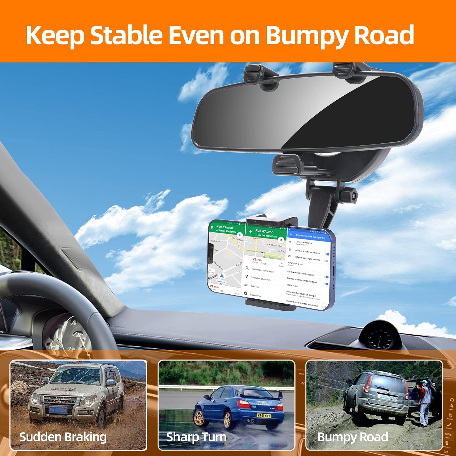 Universal Car Phone Holder Mount for Rear View Mirror - Compatible with iPhone 12 Pro, Galaxy S21 & All Smartphones | Hands-Free Driving Accessories for Safe Navigation & GPS Use