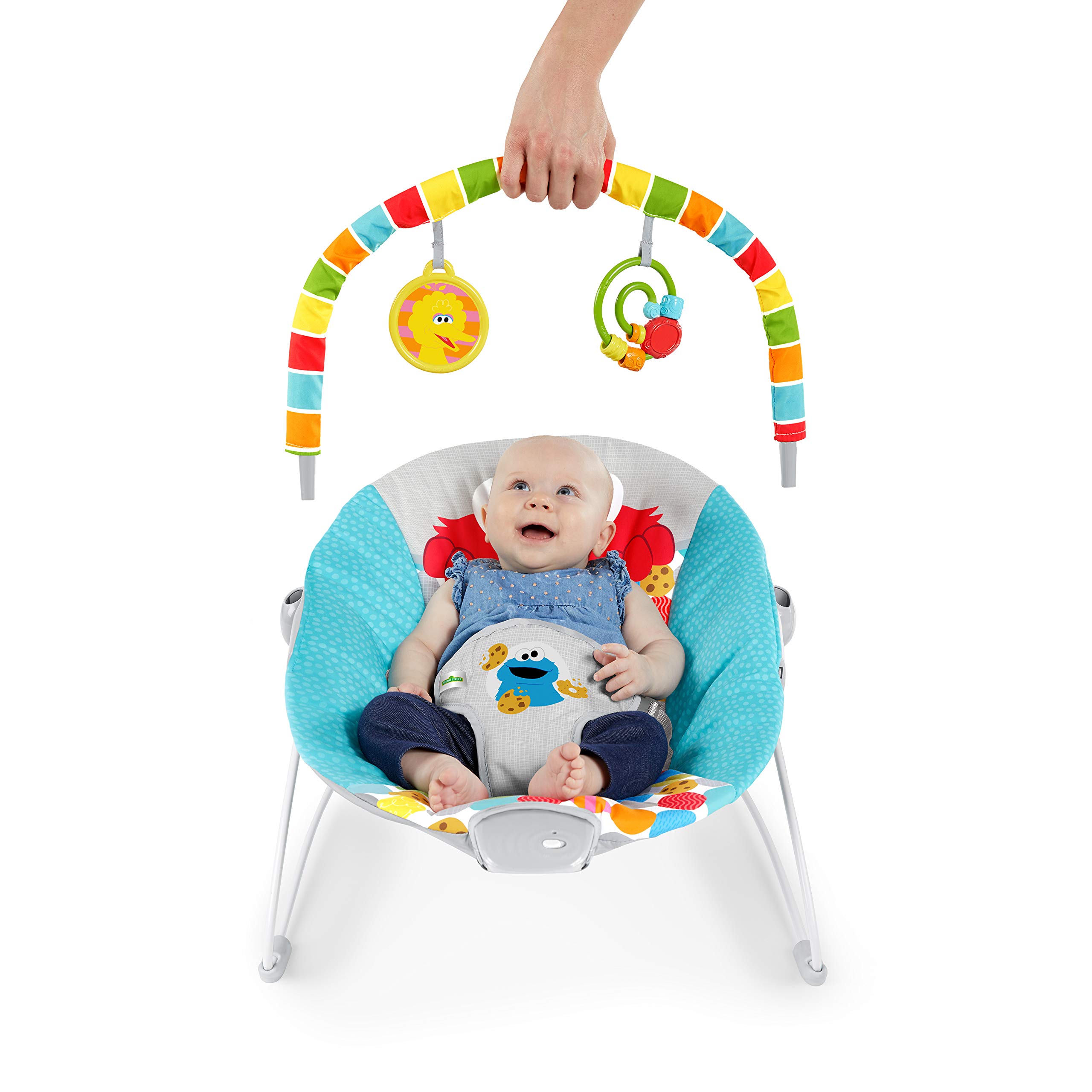 Bright Starts Sesame Street Baby Bouncer with Soothing Vibrations - Infant Seat for 0-6 Months (Up to 20 lbs) - Features Elmo, Cookie Monster & Big Bird - Removable Toy Bar - Perfect for Playtime, Naps & Soothing Fussy Babies