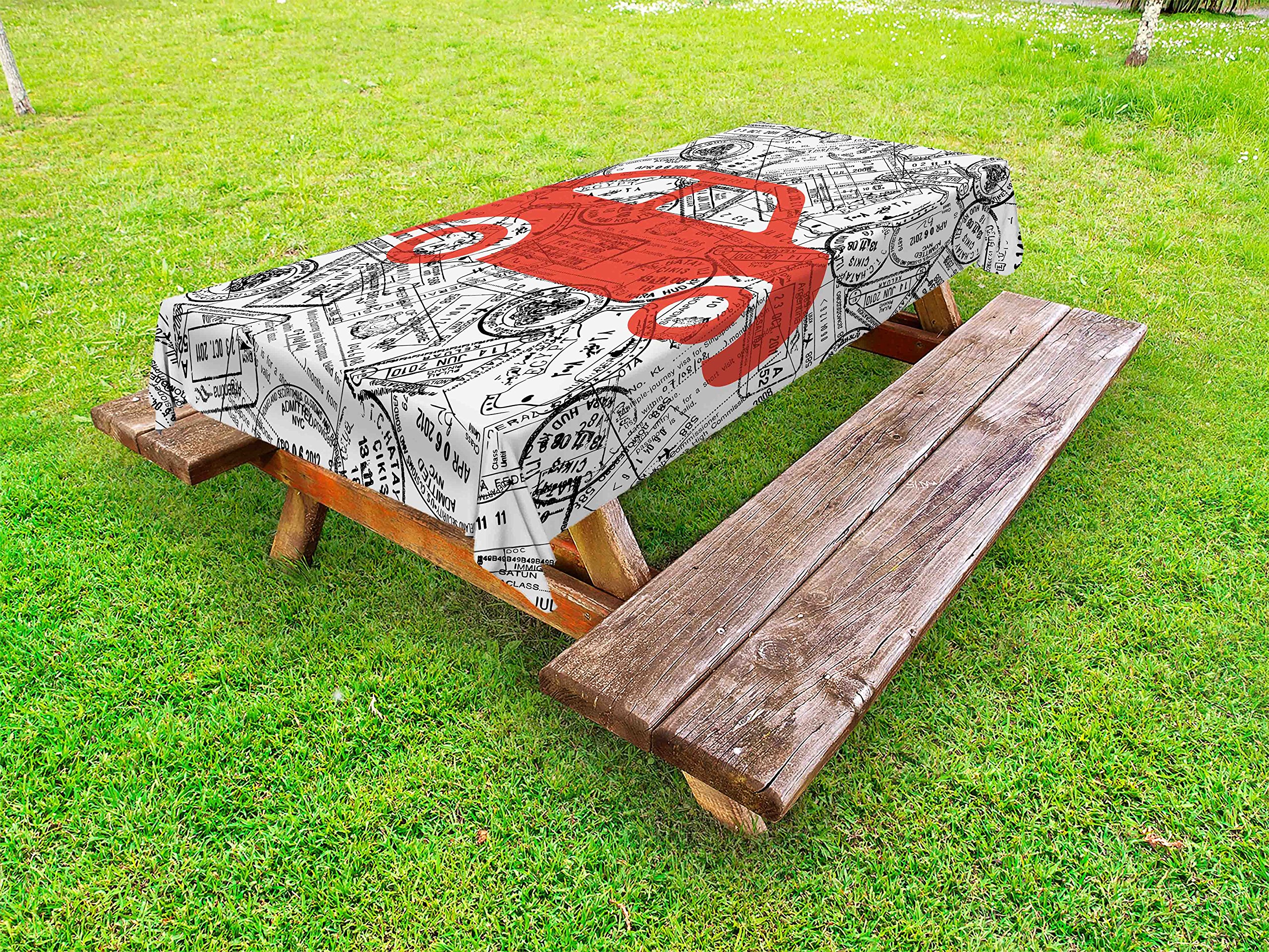 Lunarable Cartoon Outdoor Tablecloth - Little Car & Travel Themed Passport Stamps Abstract Design, Washable Picnic Table Cover 58x84 Inches (Black Orange White) for BBQs, Camping & Outdoor Dining