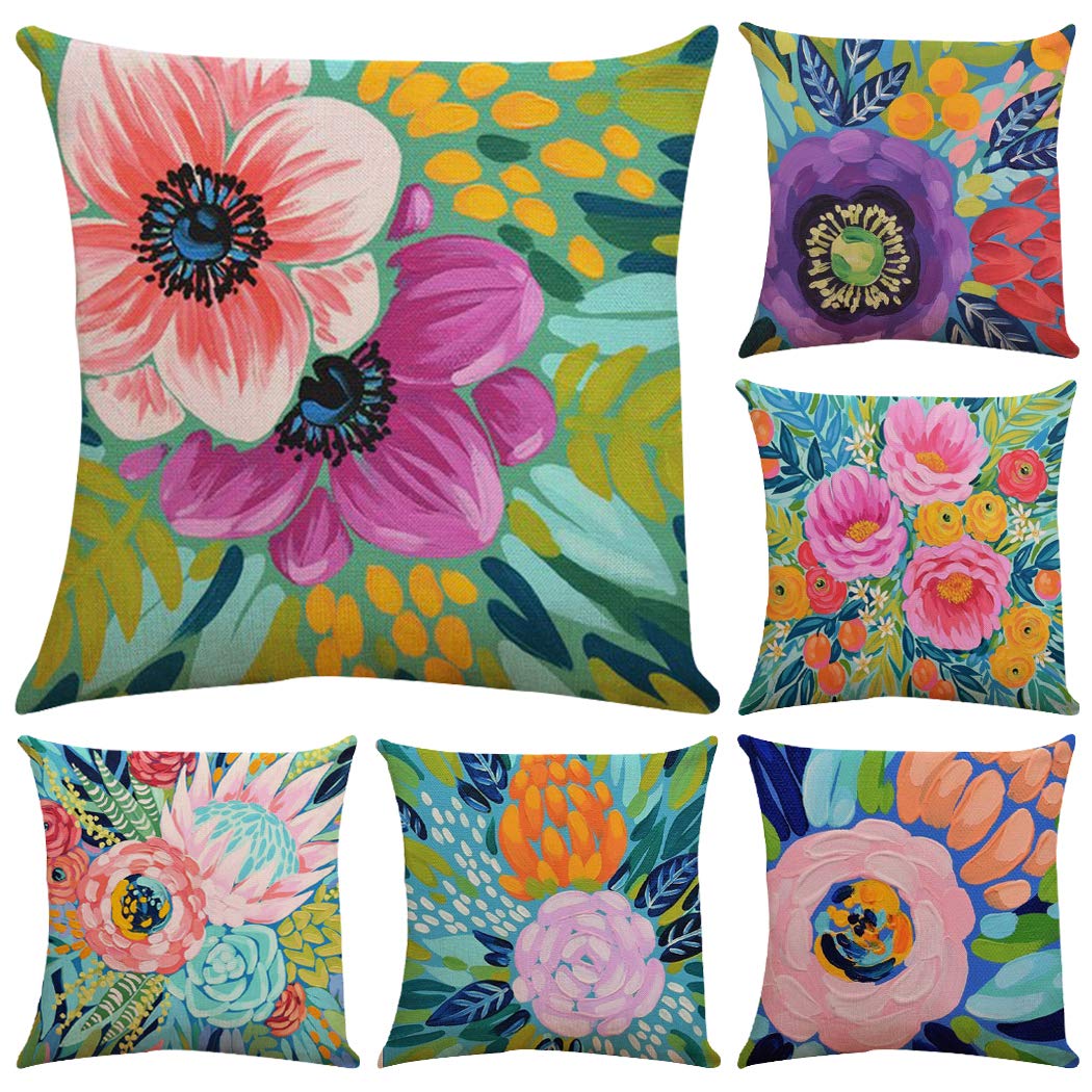 Faylapa 6 Pack Abstract Cartoon Flower Pillow Covers - Cotton Linen Decorative Cushion Cases for Sofa, Bed, Living Room (Watercolor Design) - Home Decor & Gift Idea