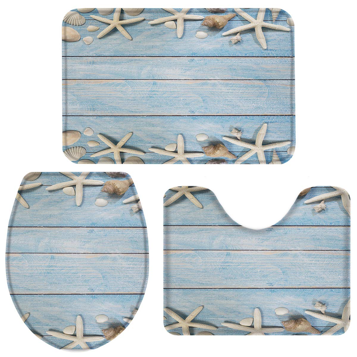 3-Piece Coastal Bath Rug Set with Starfish & Seashell Design - Non-Slip Wooden Bathroom Mat, U-Shaped Toilet Floor Mat & Seat Cover - Perfect for Beach House, Coastal Decor & Bathroom Safety