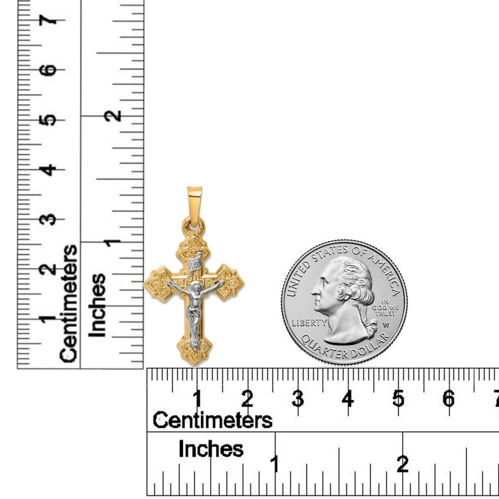 14K Two Tone Yellow Gold & White Gold INRI Crucifix Fancy Design Polished Budded Cross Religious Pendant Necklace - Elegant Fine Jewelry Gift for Women & Men - Perfect for Church, Weddings, Baptisms & Special Occasions