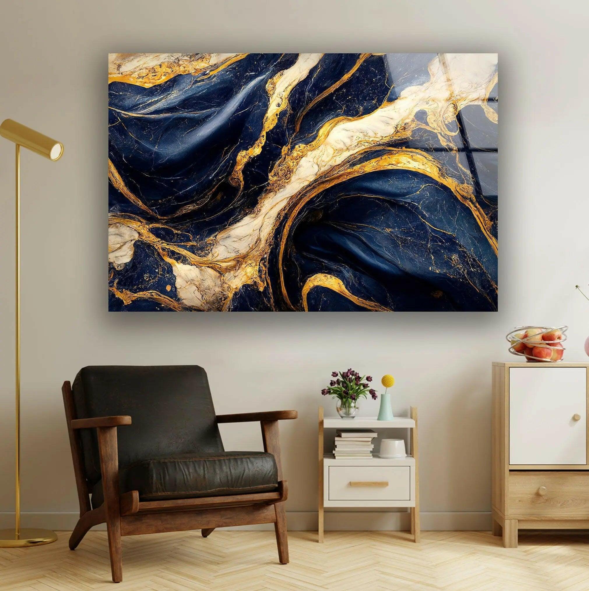 Abstract Marble Dark Blue and Gold Glass Wall Art - Modern Home Decor for Living Room, Bedroom & Office - Elegant Handmade Glass Painting for Wall Display