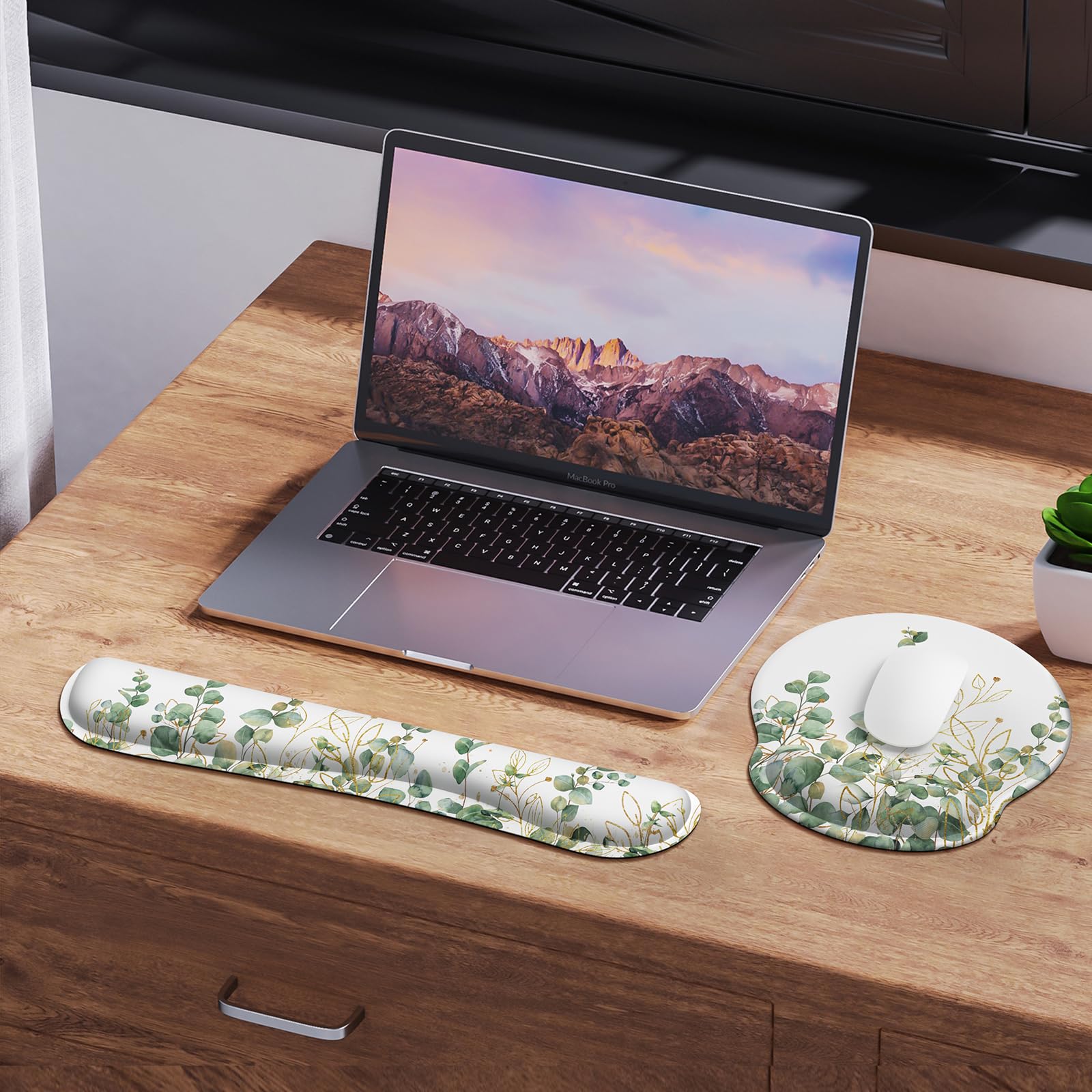 Ergonomic Mouse Pad with Wrist Rest Set - Comfortable Keyboard & Mouse Pad for Pain Relief, Non-Slip Base for Home & Office Computer Workstations - Perfect for Typing, Gaming, and Long Work Sessions (Eucalyptus Design)