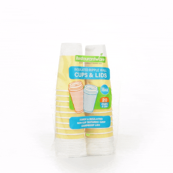 16 oz Light Yellow Paper Ripple Wall Coffee Cups with White Lids - 3.5