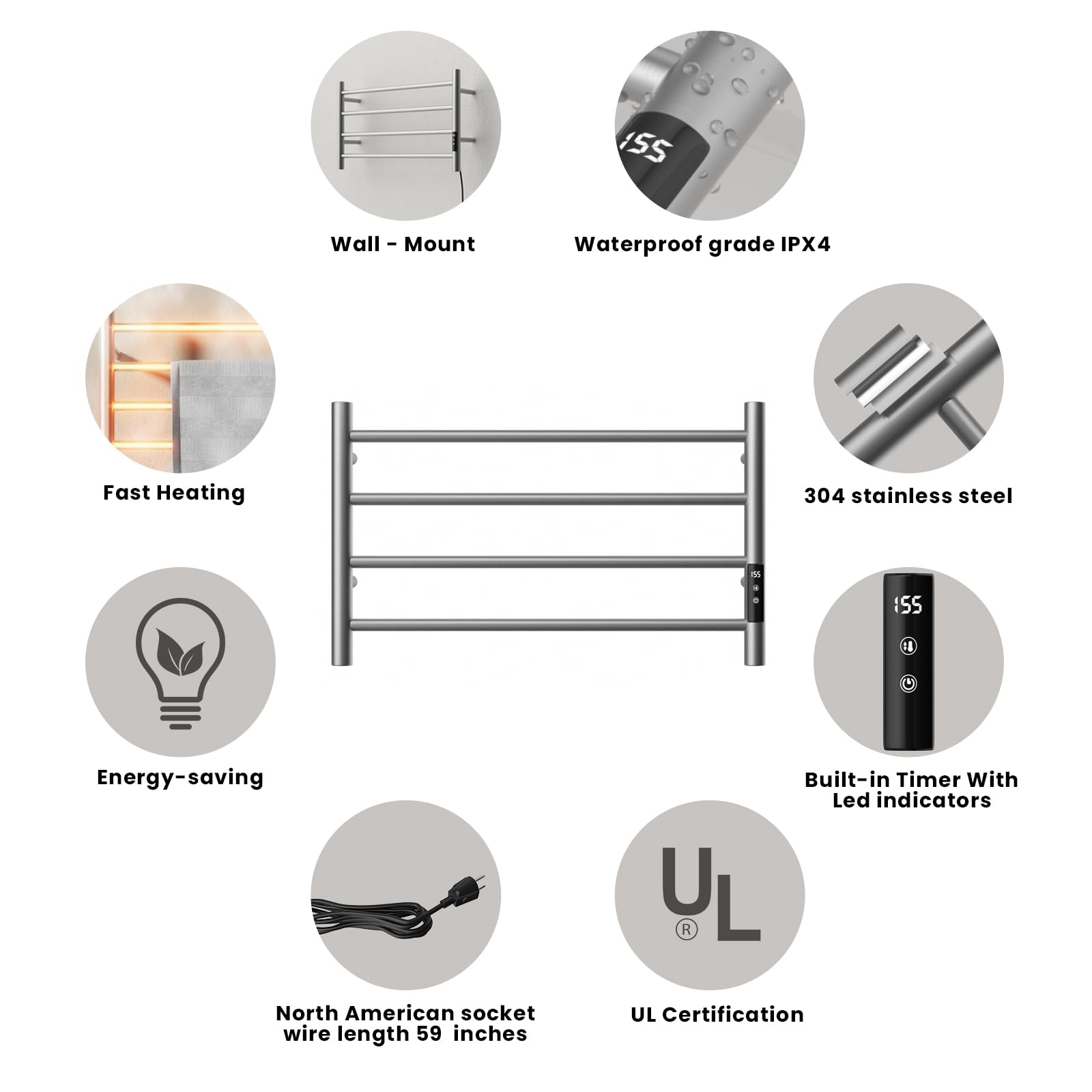 POPFLY 4-Bar Heated Towel Rack - Wall Mounted Electric Towel Warmer with Timer & Temperature Control - 304 Stainless Steel Bathroom Towel Heater - Perfect for Spa, Luxury Bathrooms & Cold Weather Comfort