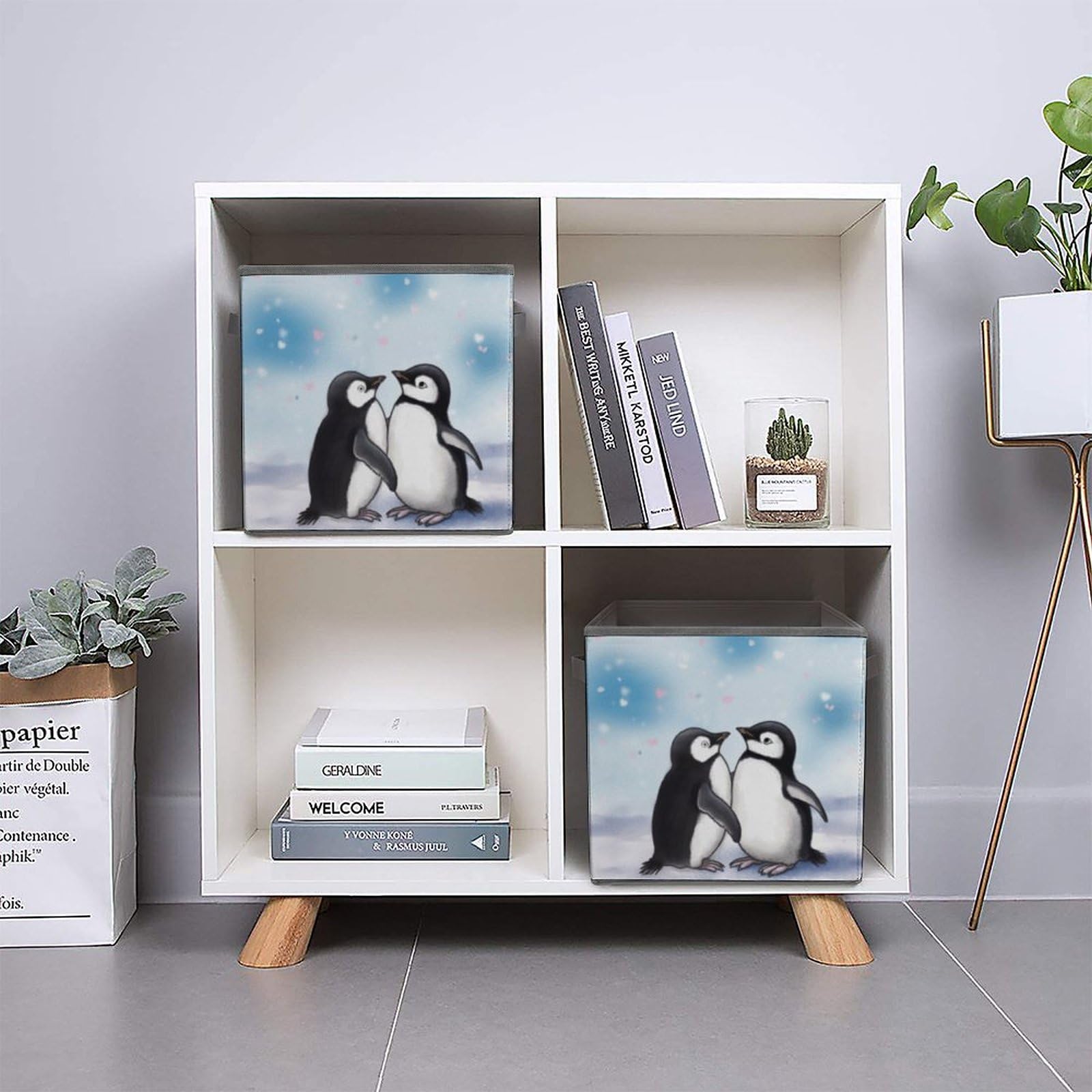 Collapsible Storage Cubes with Handles - 10.6×10.6 Inch Foldable Organizer Bins | I Love Penguins Printed Design for Bedroom, Closet & Kids Room Organization
