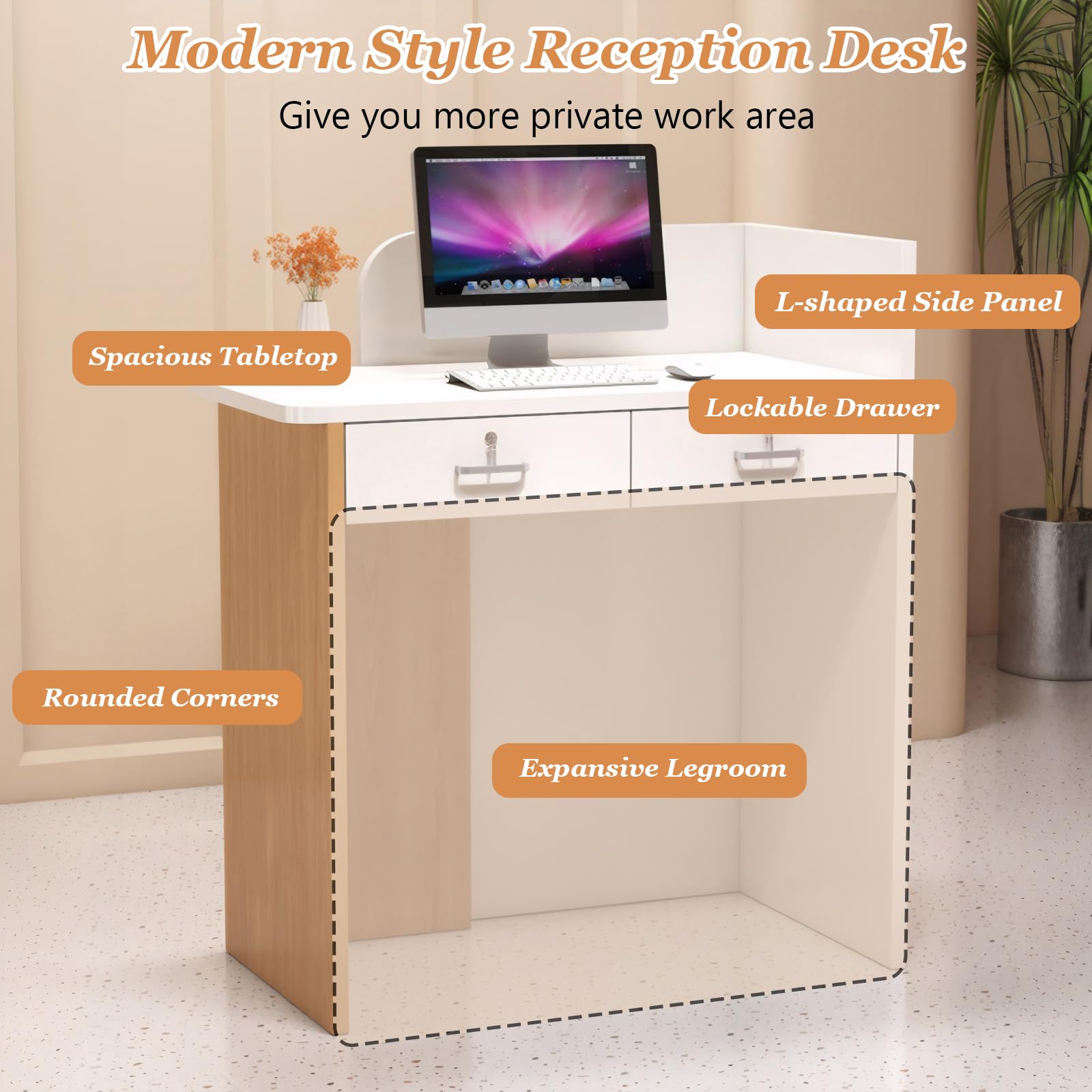 Modern White Reception Desk with Lockable Drawer - Front Counter for Salon, Beauty Shop & Supermarket Checkout | Perfect for Retail Stores, Office Lobbies & Customer Service Areas