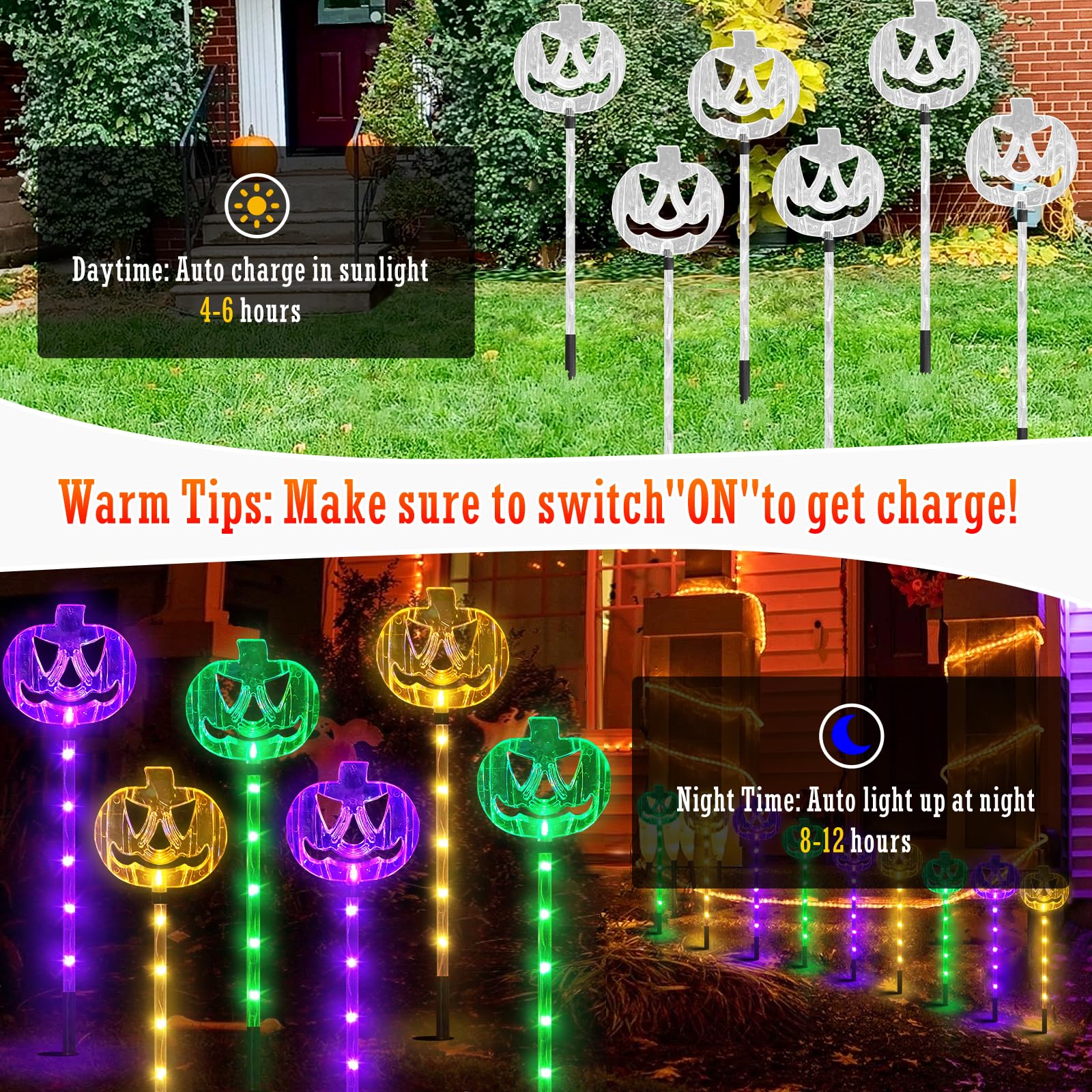 6-Pack Solar Halloween Pumpkin Garden Stake Lights - Waterproof Outdoor Halloween Decor for Yard, Patio, Pathway & Grave - Perfect for Spooky Halloween Night Decorations & Party Lighting