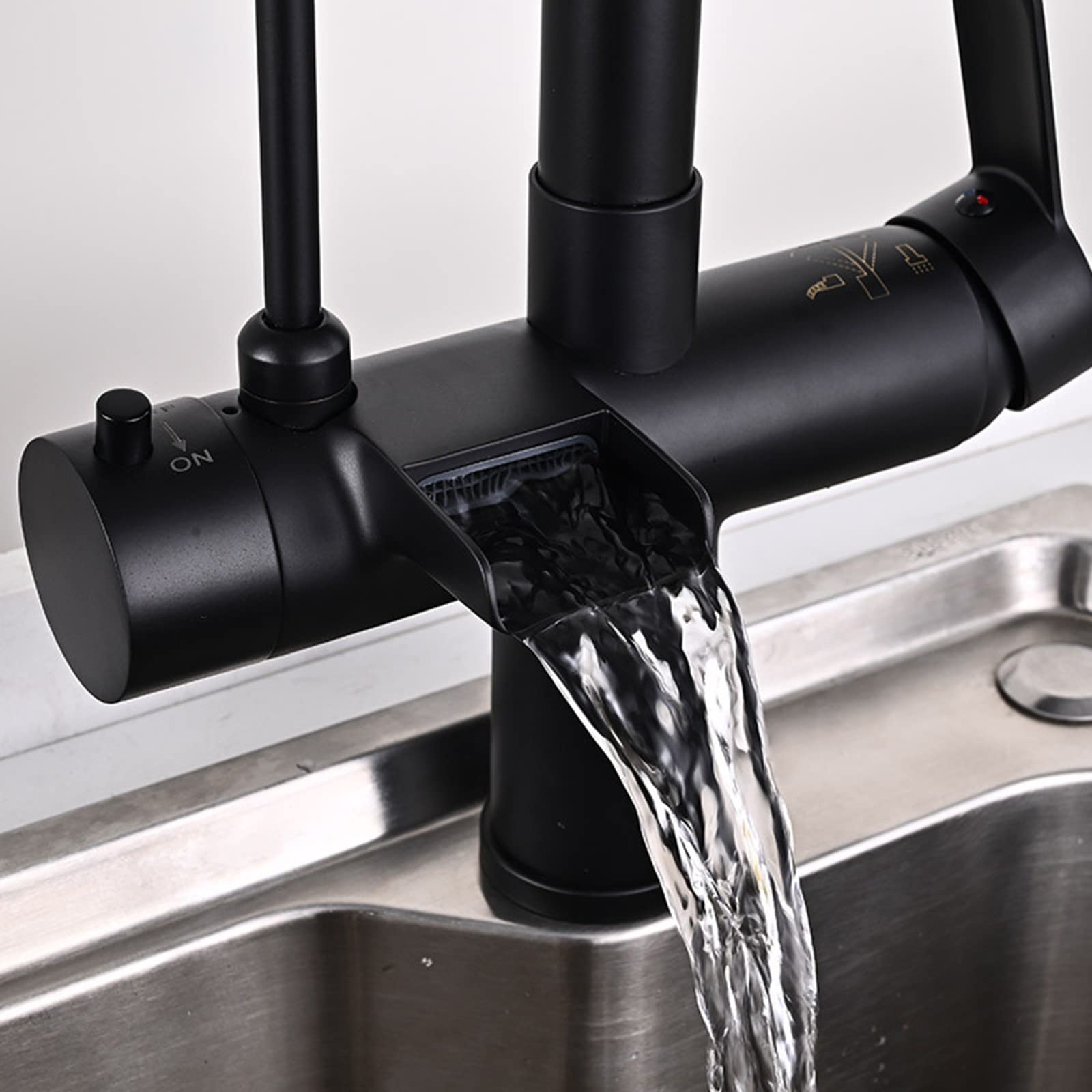 3-Way Kitchen Faucet with Straight Drinking Water Spout - Hot & Cold Brass Swivel Sink Faucet - Multifunctional Black Kitchen Faucet for Modern Homes, Restaurants & RVs