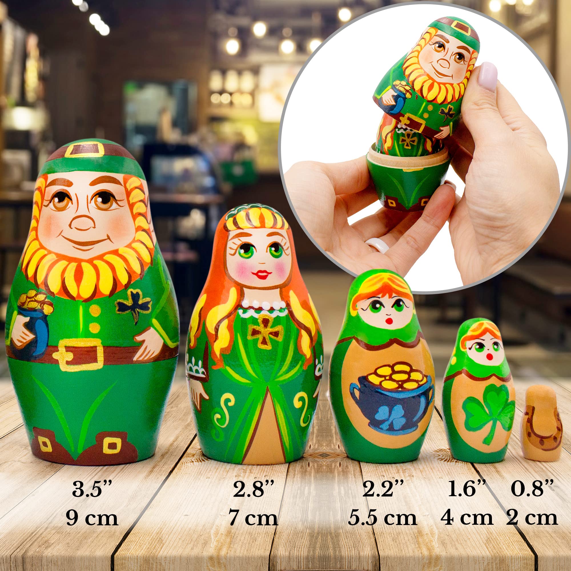 St. Patrick's Day Russian Nesting Dolls Set of 5 - Hand-Painted Matryoshka Dolls for Home Decor, Irish-Themed Collectibles - Perfect St. Patrick's Day Gifts for Adults, Party Favors & Irish-Themed Home Decorations