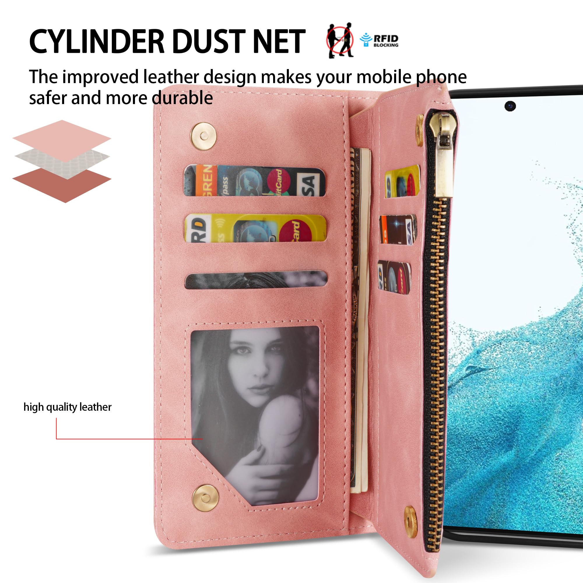 Premium Soft PU Leather Zipper Flip Folio Wallet Case for Samsung Galaxy S22 (6.1 Inch) – Card Slot, Wrist Strap & Kickstand – Protective Pink Cover for Daily Use, Travel & Business