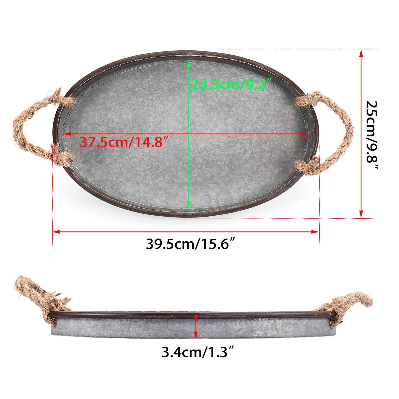 Galvanized Metal Oval Serving Tray with Rope Handle - Rustic Farmhouse Decor for Coffee Table, Weddings & Parties - Large Industrial Centerpiece for Home, Kitchen & Event Decorations