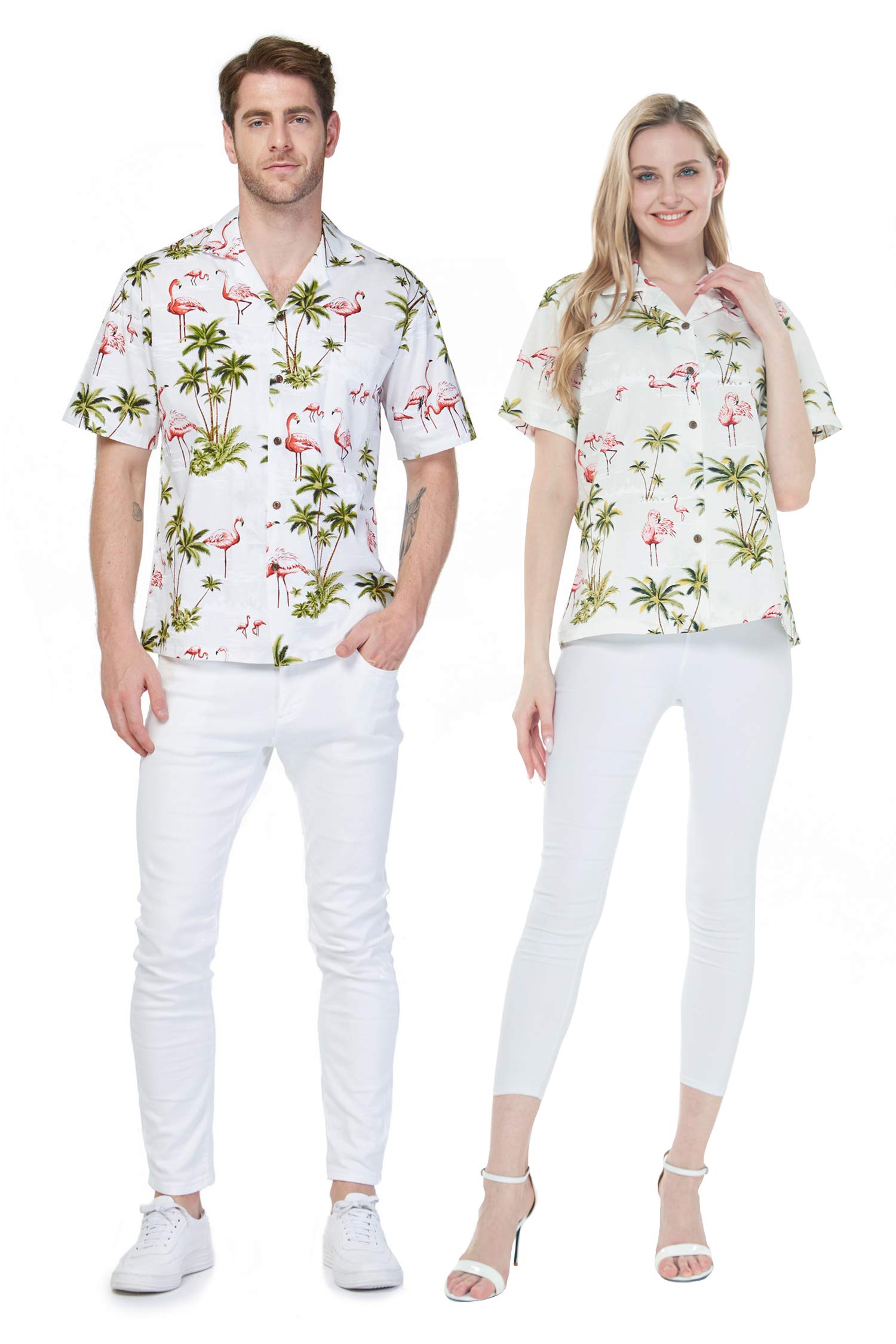 Hawaii Couple Matching Aloha Shirts - Pink Flamingo Print Turquoise Hawaiian Luau Shirts for Beach Vacation, Summer Party & Tropical Theme Events