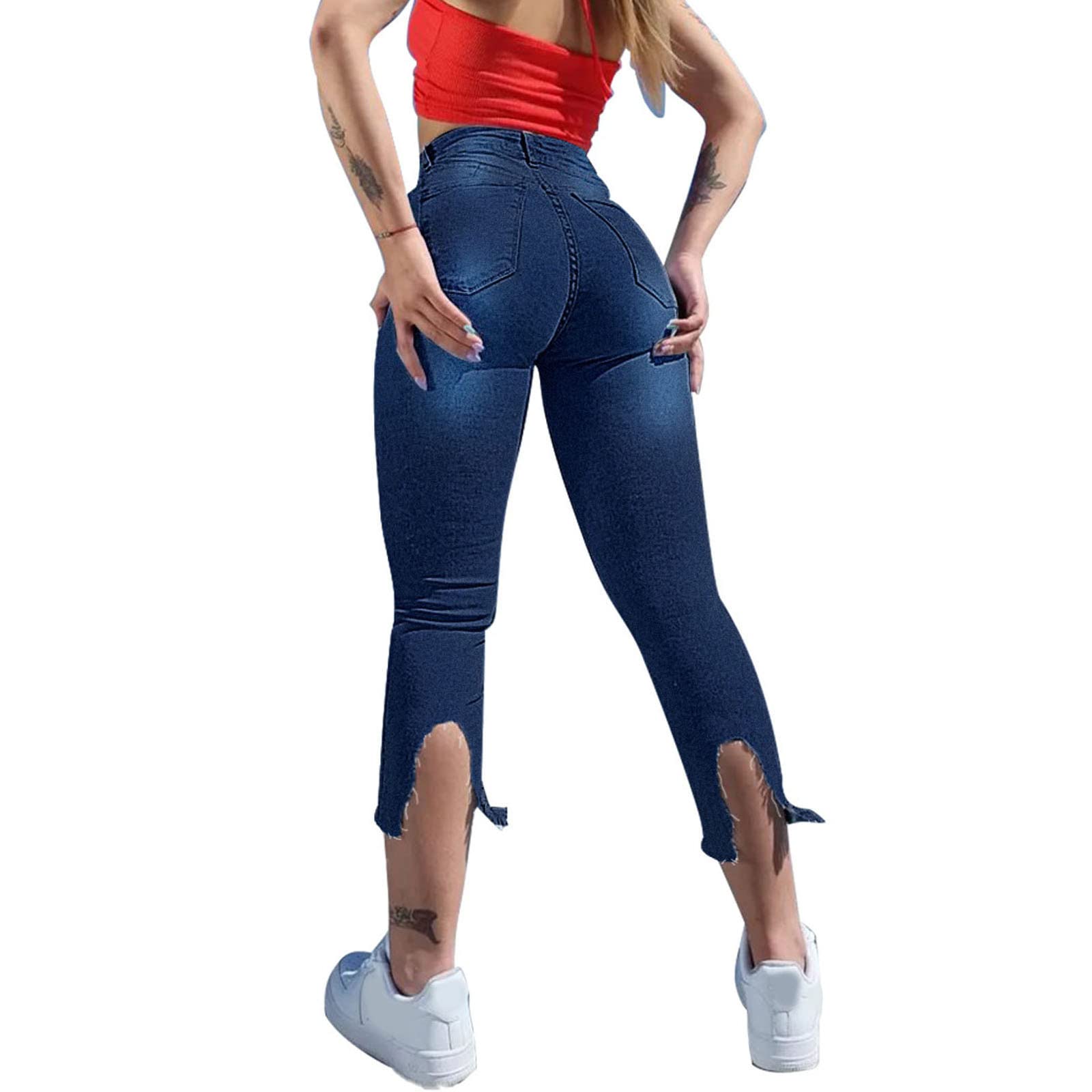 iQKA Women's Stretch Elastic Jeans - High Waist Loose Fit Distressed Denim Pants with Button & Pocket - Comfortable Casual Wear for Everyday, Work & Outings