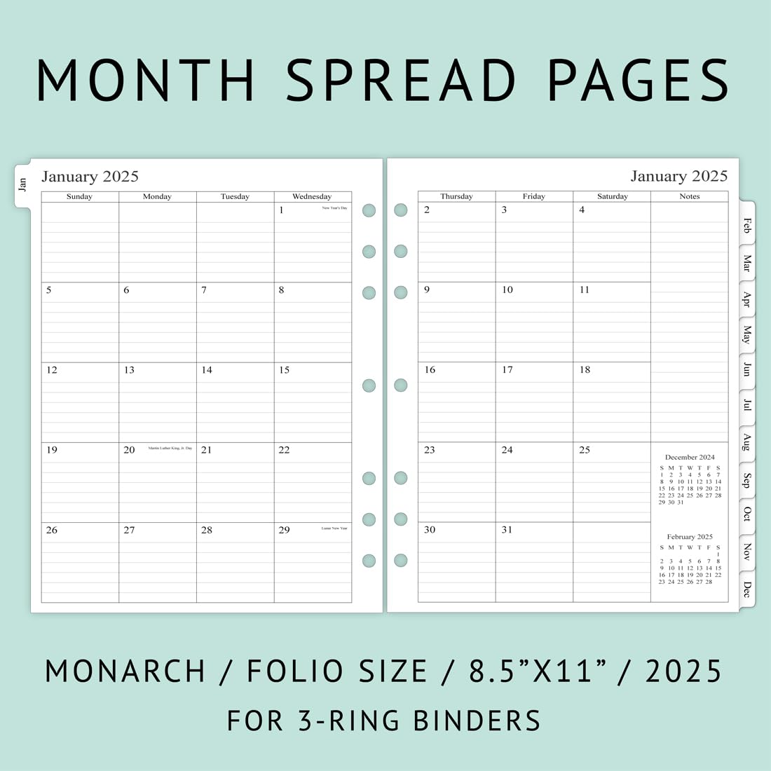 Newestor 2025 Monthly Planner Refill for 3 Ring Binder - January to December 2025 Calendar with Two Pages Per Month - 8.5