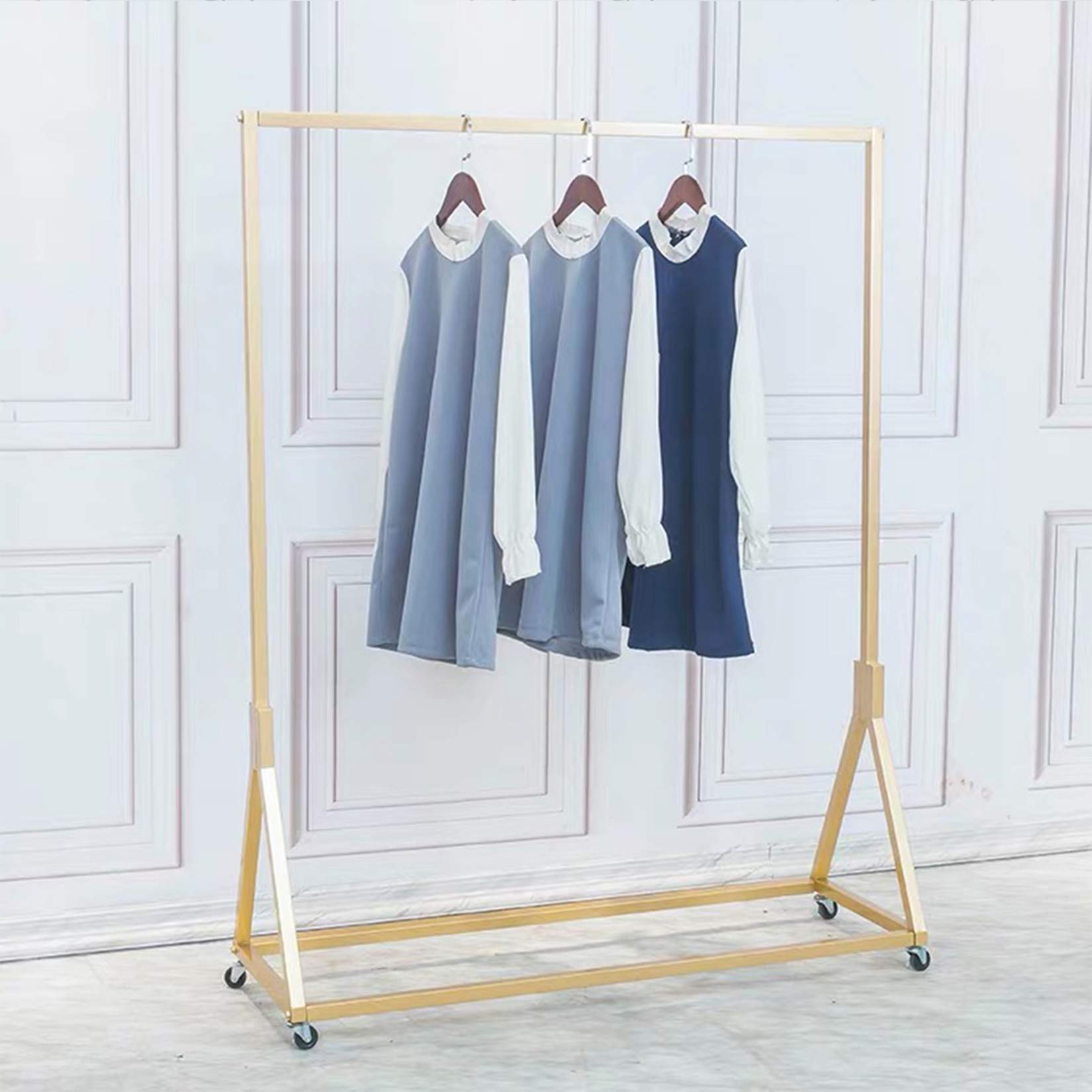 Heavy Duty Metal Rolling Garment Rack with Wheels - Modern Simple Gold Square Tube Clothes Rack (59 Inch Length) for Closet Organization, Laundry Room, Retail Store Display & Home Storage