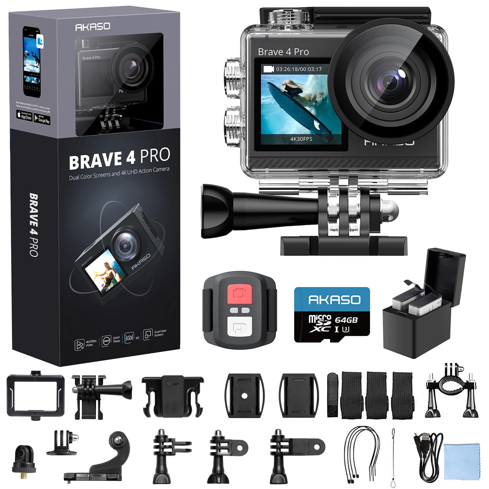 AKASO Brave 4 Pro 4K30 Waterproof Action Camera with 64GB MicroSD Card - 131FT Underwater, EIS Stabilization, Touch Screen, Remote Control, 2x1350mAh Batteries & Helmet Accessories Kit - Perfect for Diving, Surfing, Skiing & Extreme Sports Adventures