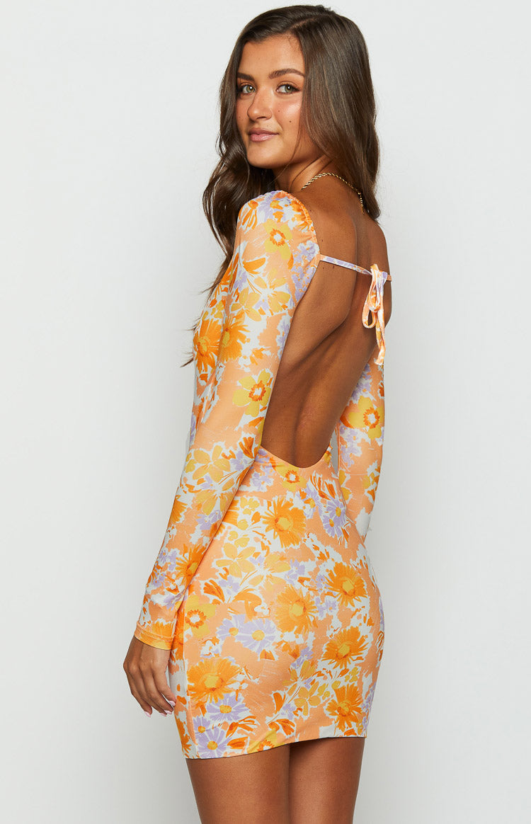 Ashi Orange Floral Long Sleeve Mini Dress - Women's Floral Print Party Dress for Date Night, Cocktail Party & Spring Wedding Guest Outfit