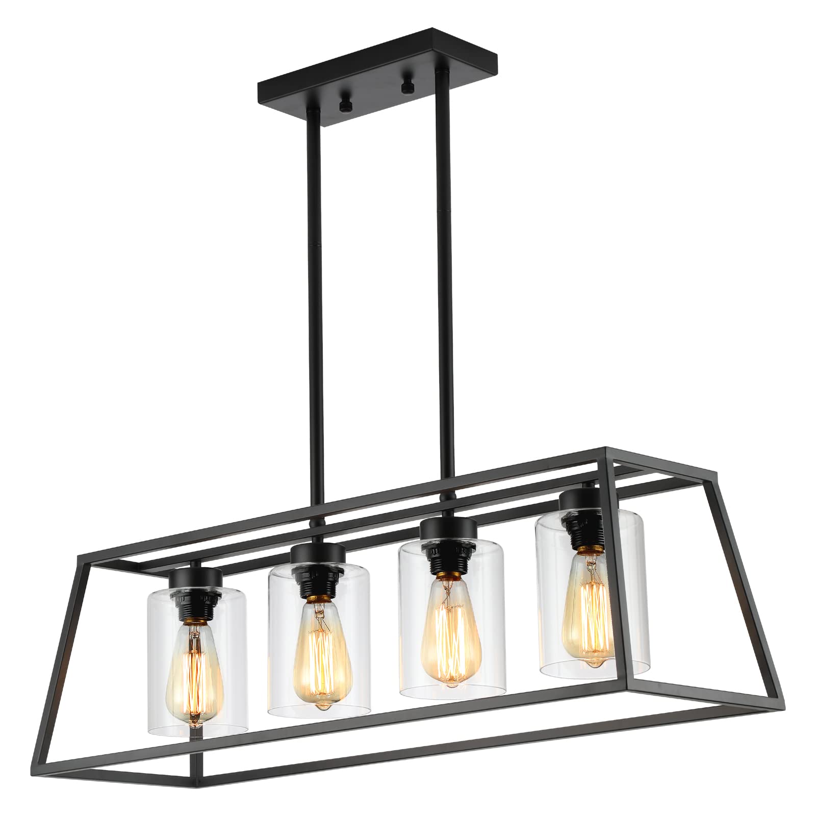 Black Farmhouse Chandeliers for Dining Room, Rustic Kitchen Island Pendant Light, 4-Light Linear Pendant Lamp with Glass Shade, Perfect for Dining Room Lighting Over Table and Kitchen Island