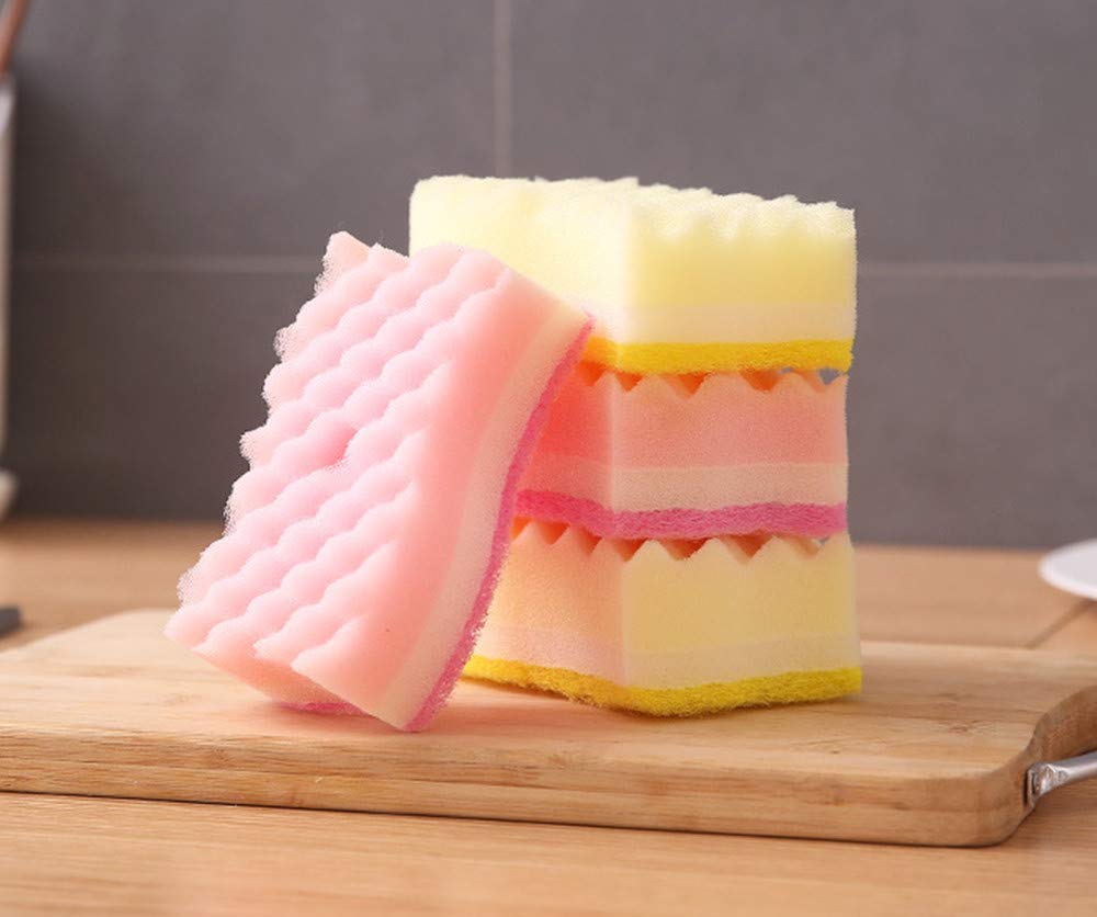 Non-Scratch Multi-Purpose Kitchen Sponges - Yellow & Pink Scrub Sponges for Dishes, Countertops & Cookware - Durable Cleaning Sponges with Gentle Abrasive (4-Pack) - Perfect for Daily Kitchen Cleaning & Stain Removal