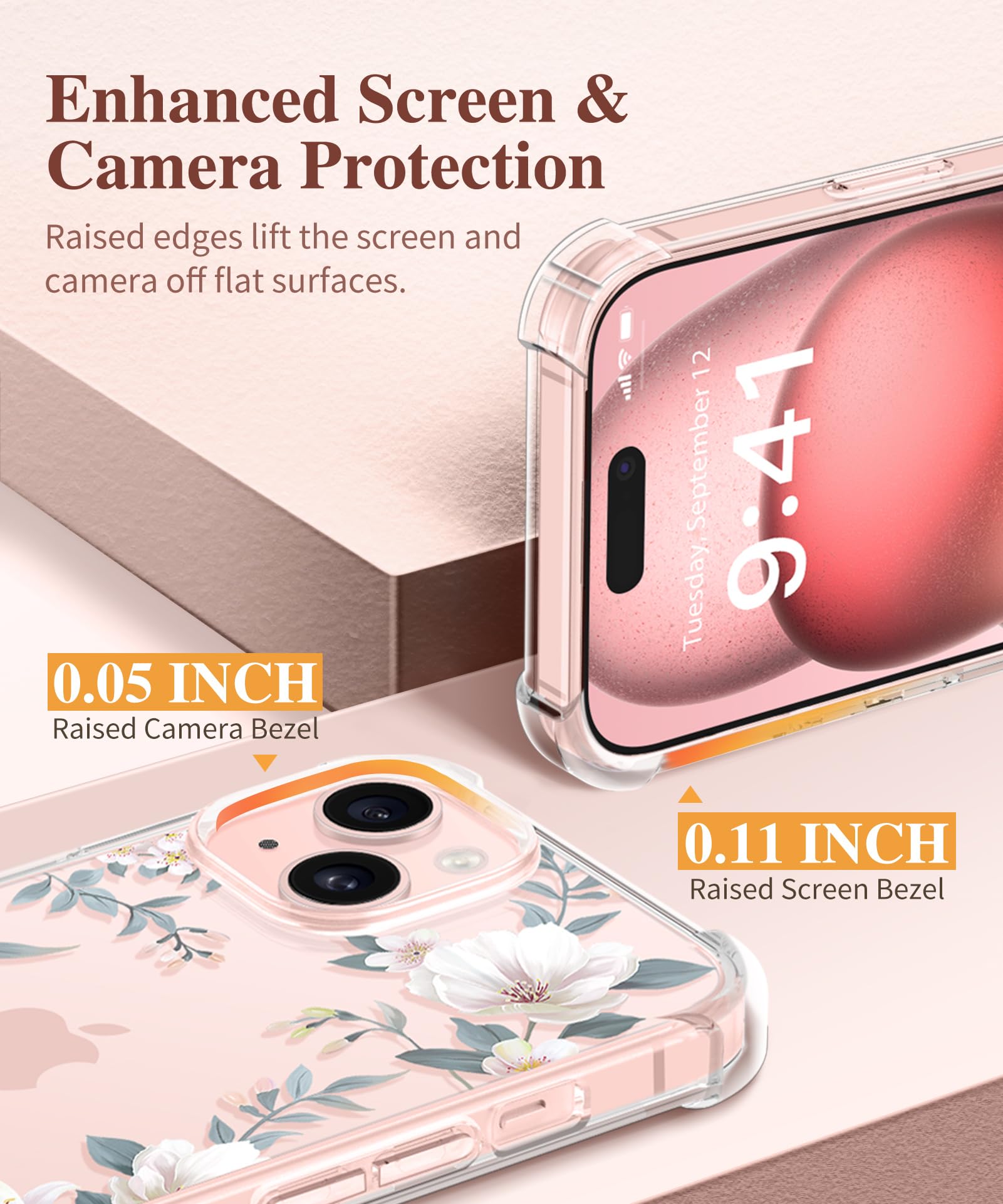 GVIEWIN iPhone 15 Case [3 in 1] with Tempered Glass Screen Protector & Camera Lens Cover - Shockproof Clear Slim Floral Phone Case for Women Girls (6.1 Inch, Magnolia White) - Perfect for Everyday Use, Travel & Gift Giving