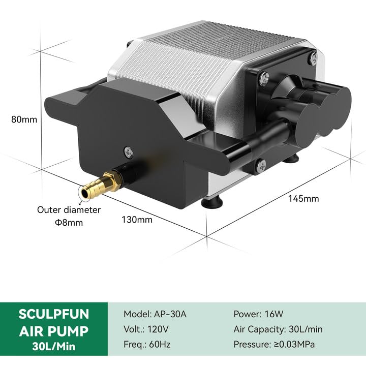 SCULPFUN Air Assist for S10 Laser Engraver - Adjustable 0-30L/Min Air Flow, Low Noise, Clean Cutting for Wood, Metal & Acrylic - Perfect for DIY Crafts, Sign Making & Jewelry Engraving