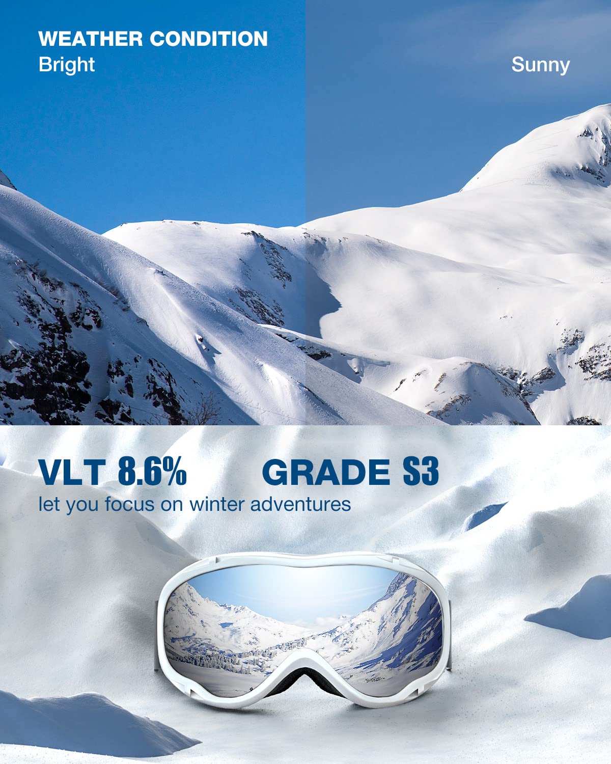 ZIONOR Lagopus Ski & Snowboard Goggles - UV Protection Anti-Fog Snow Goggles for Men, Women & Youth - VLT 8.6% White Frame with Silver Lens - Perfect for Skiing, Snowboarding & Winter Sports