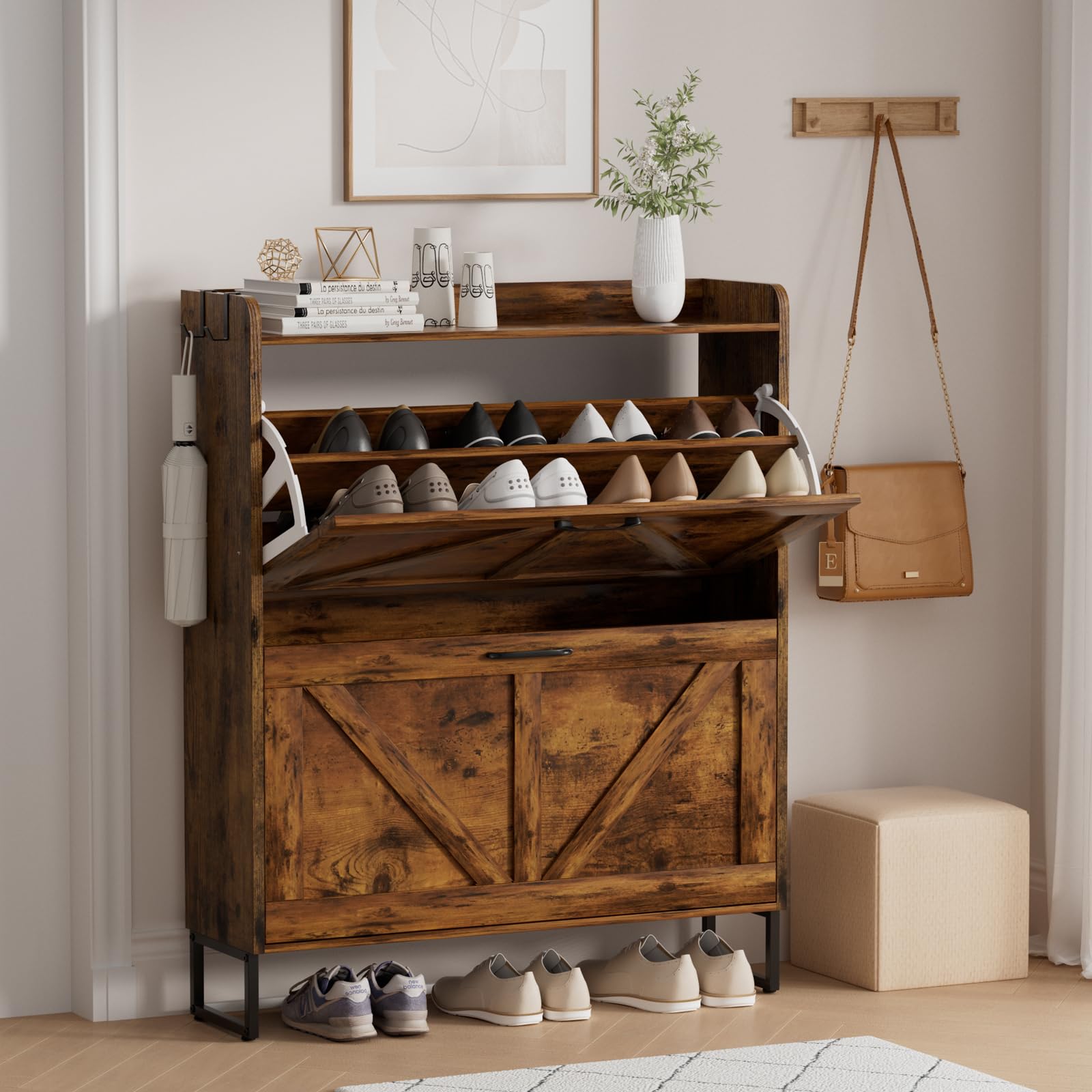 EOYUTLLY Narrow Shoe Cabinet for Entryway - Freestanding Shoe Storage Organizer with 2 Flip Drawers, Rustic Brown Finish & Metal Legs - Perfect for Small Spaces, Hallway, Closet, or Apartment Organization