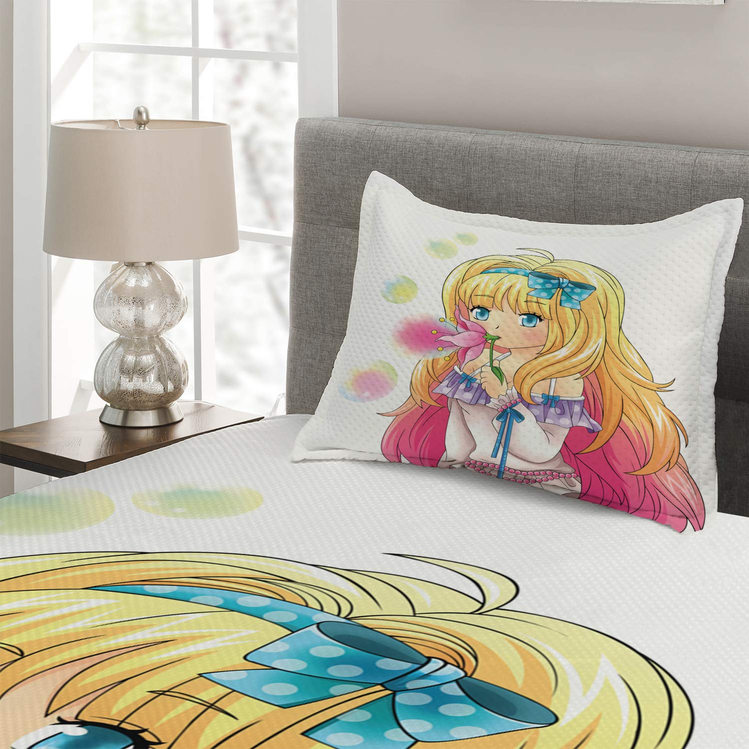 Ambesonne Anime Bedspread Set - Manga Girl Blowing Bubbles Japanese Cartoon Print, 2-Piece Quilted Coverlet with Pillow Sham, Twin Size in Pink & Yellow | Perfect for Teen Bedrooms, Anime Themed Decor & Gift for Manga Lovers